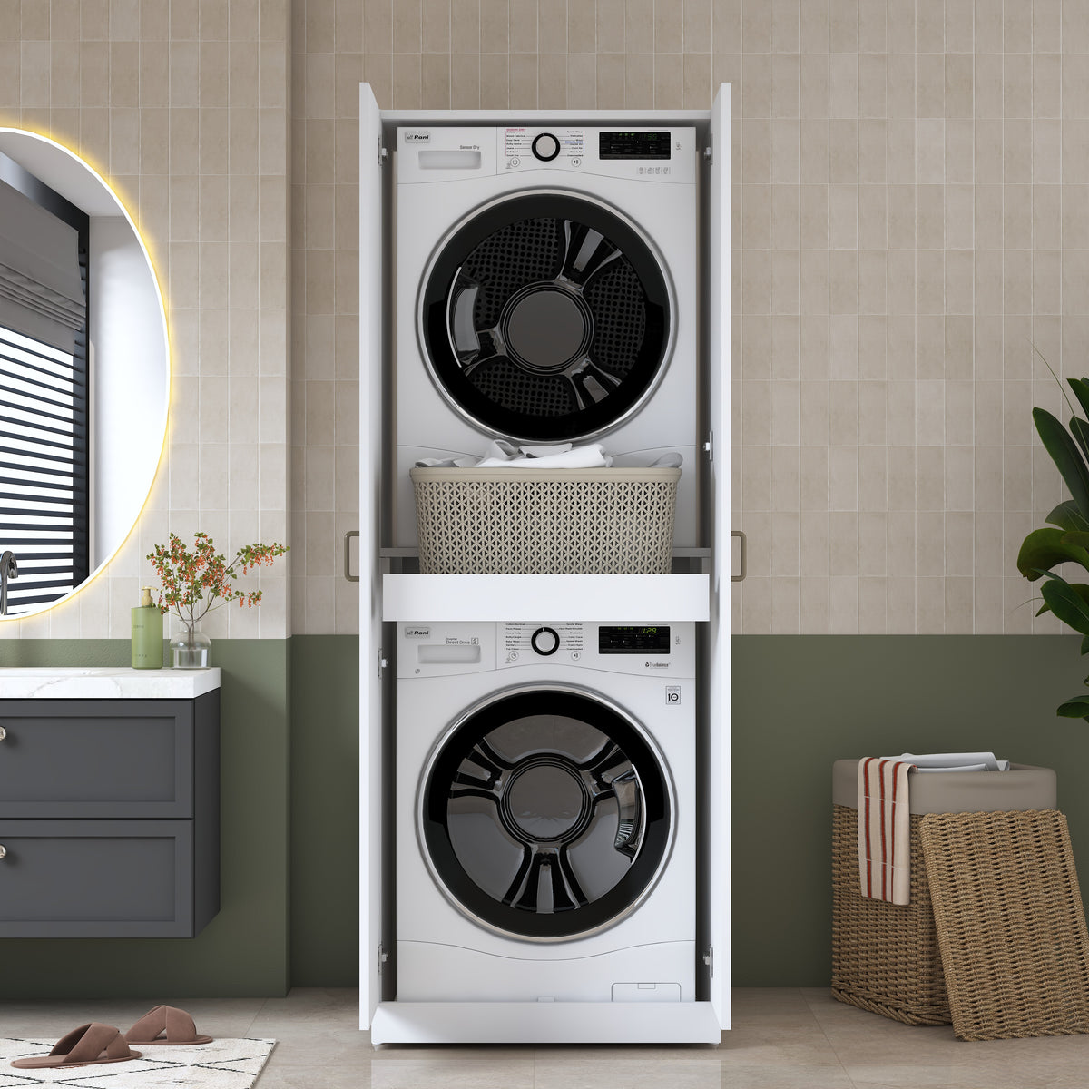 Rani KD125 Çamaşır Makinesi Dolabı 2 Kapaklı Raflı Çekmeceli Banyo Dolabı Beyaz