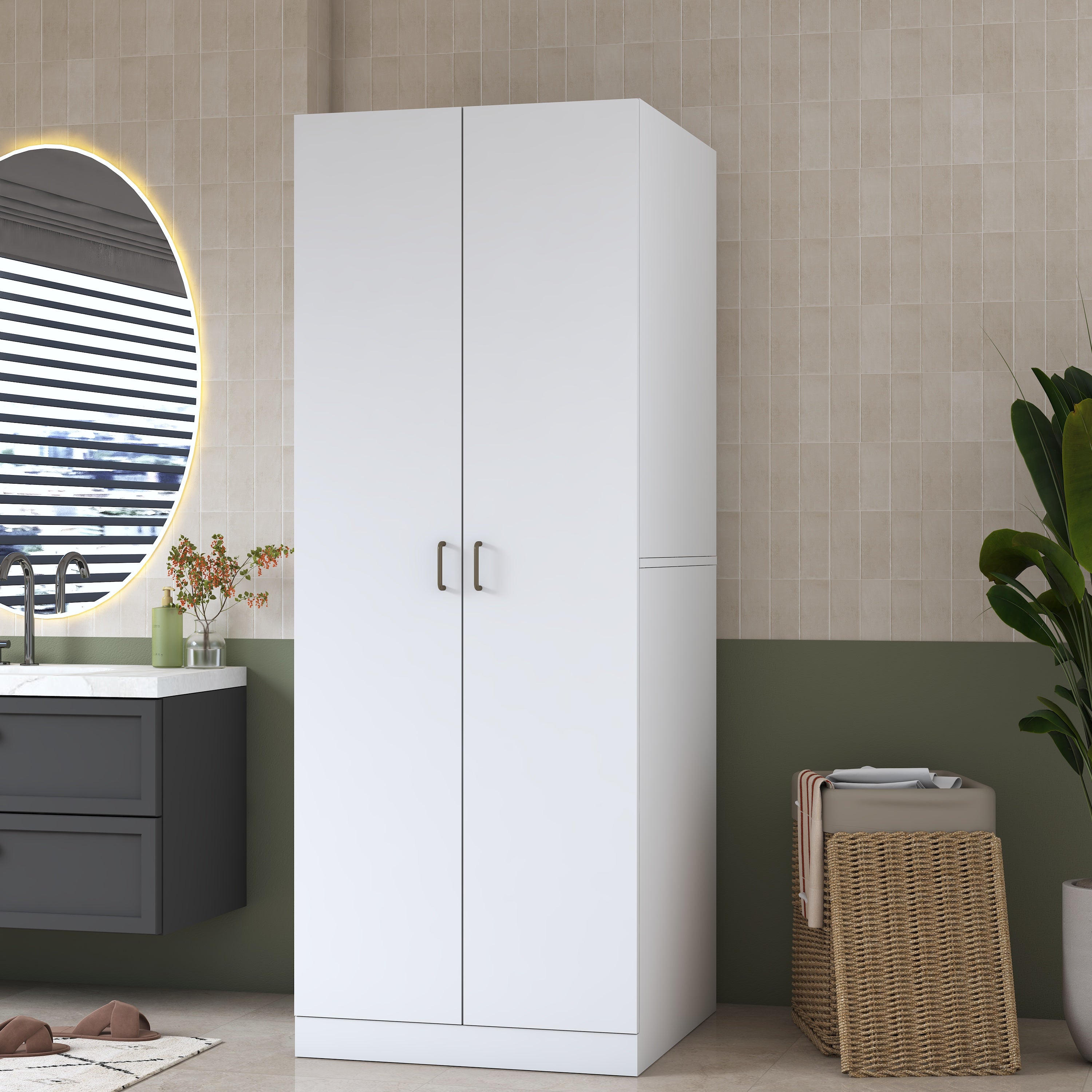 Rani KD125 Çamaşır Makinesi Dolabı 2 Kapaklı Raflı Çekmeceli Banyo Dolabı Beyaz