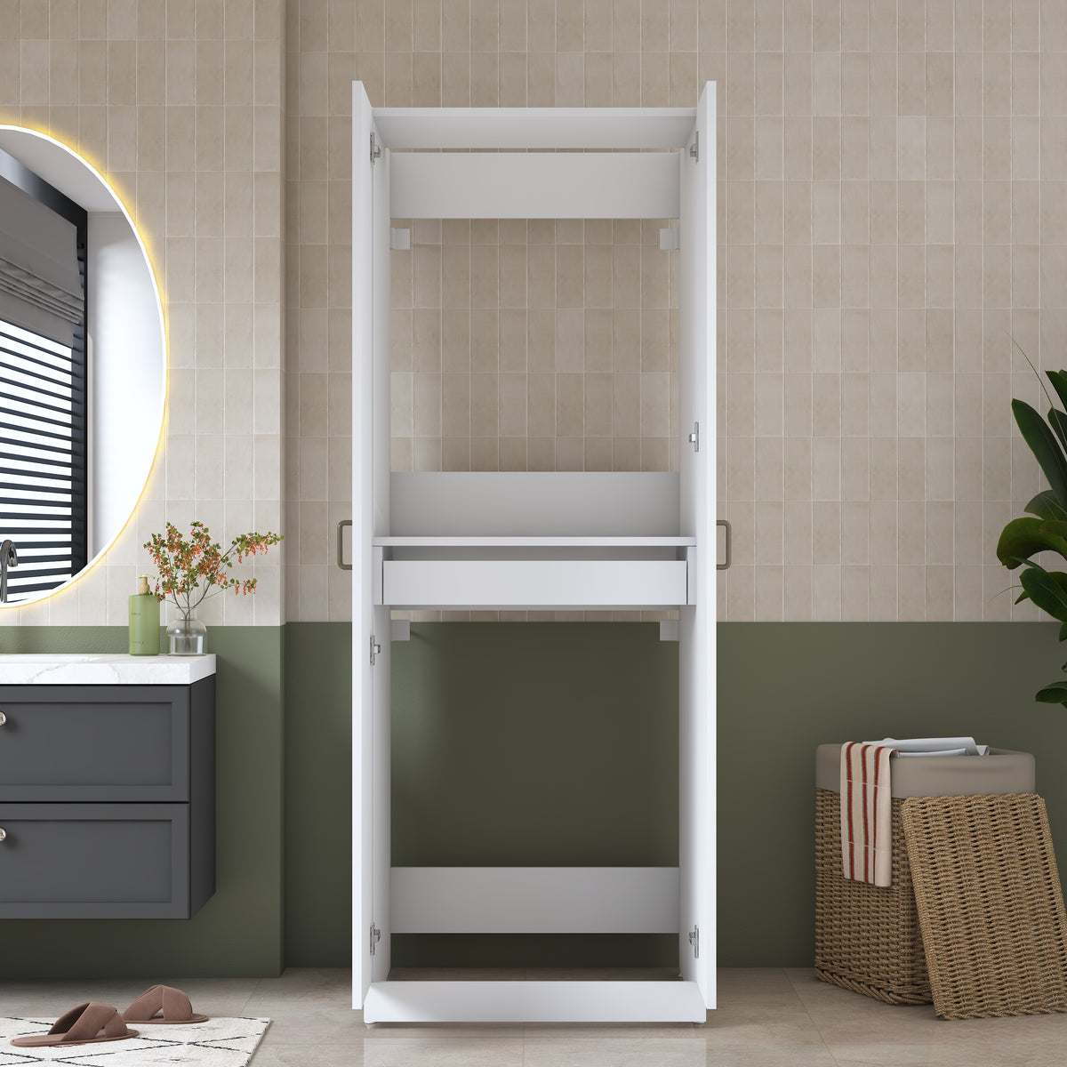 Rani KD125 Çamaşır Makinesi Dolabı 2 Kapaklı Raflı Çekmeceli Banyo Dolabı Beyaz