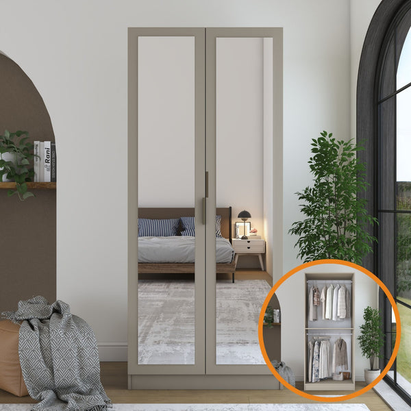 Rani BA365 Gardırop Aynalı 2 Kapaklı Raflı 2 Askılı Elbise Dolabı Kumtaşı