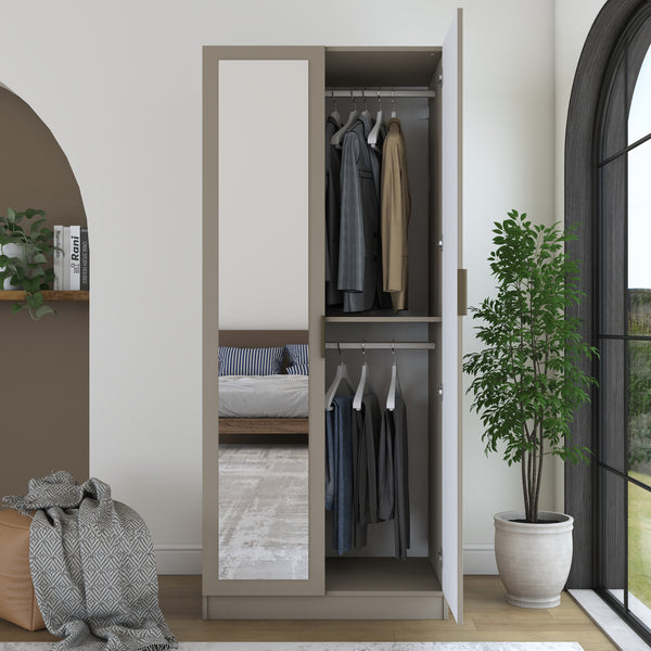 Rani BA365 Gardırop Aynalı 2 Kapaklı Raflı 2 Askılı Elbise Dolabı Kumtaşı