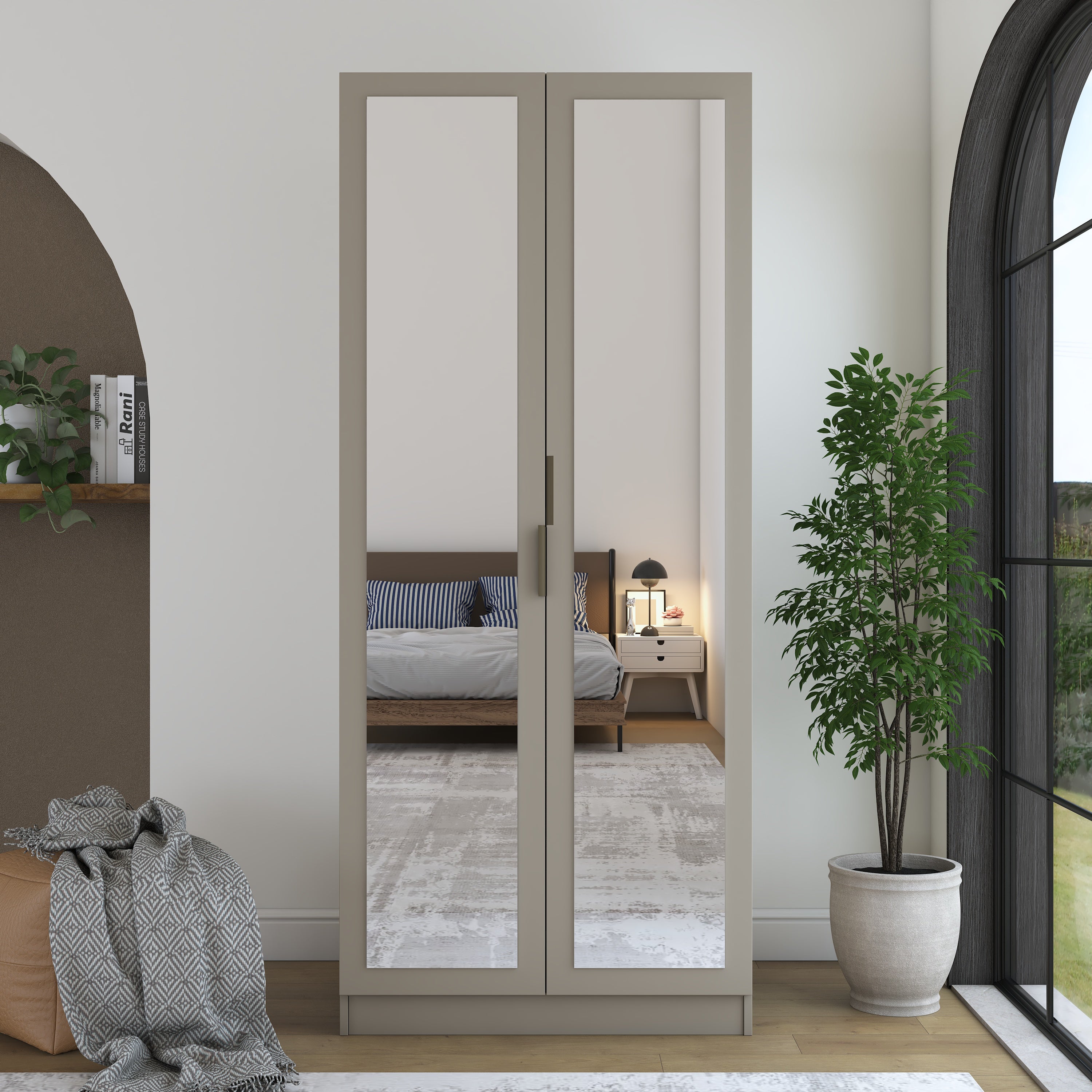 Rani BA365 Gardırop Aynalı 2 Kapaklı Raflı 2 Askılı Elbise Dolabı Kumtaşı
