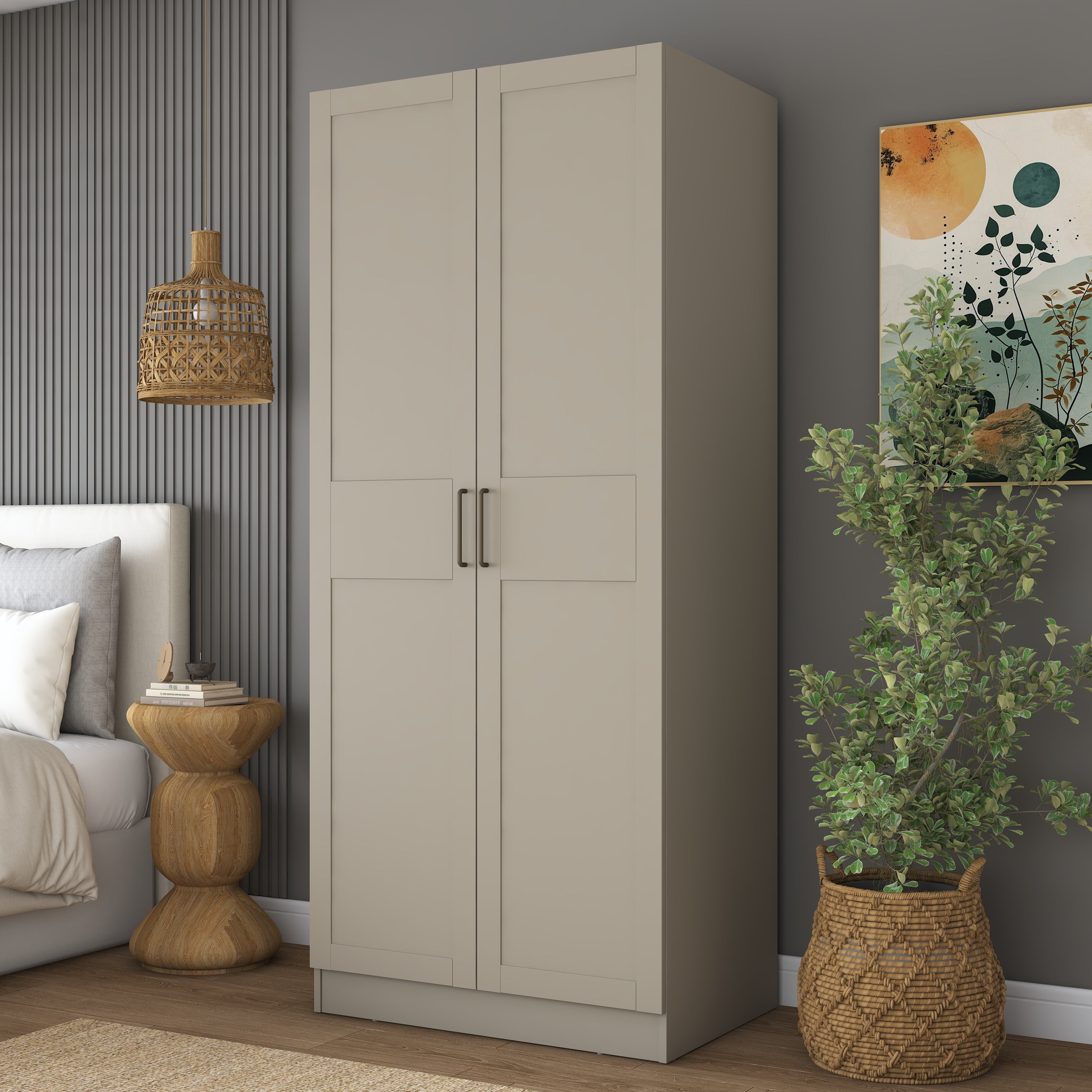 Rani BA291 Membran Kapaklı Gardırop 2 Kapaklı 6 Raflı 2 Askılı Elbise Dolabı Kumtaşı
