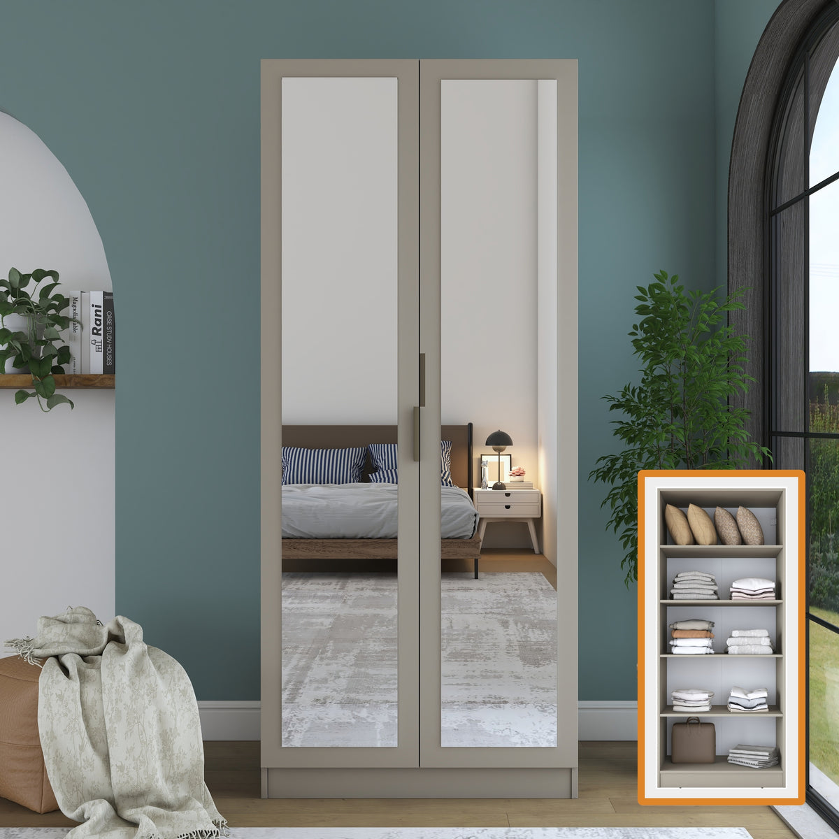 Rani BA366 Gardırop Aynalı 2 Kapaklı 4 Raflı Elbise Dolabı Kumtaşı