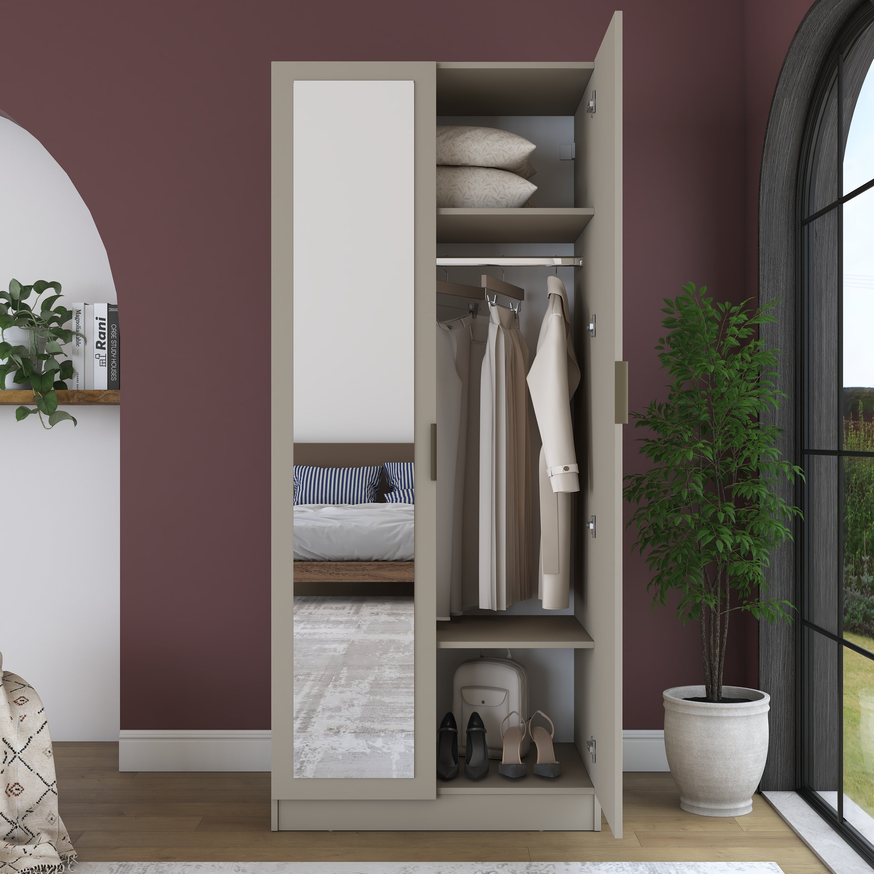 Rani BA367 Gardırop 2 Kapaklı Raflı Askılı Elbise Dolabı Kumtaşı