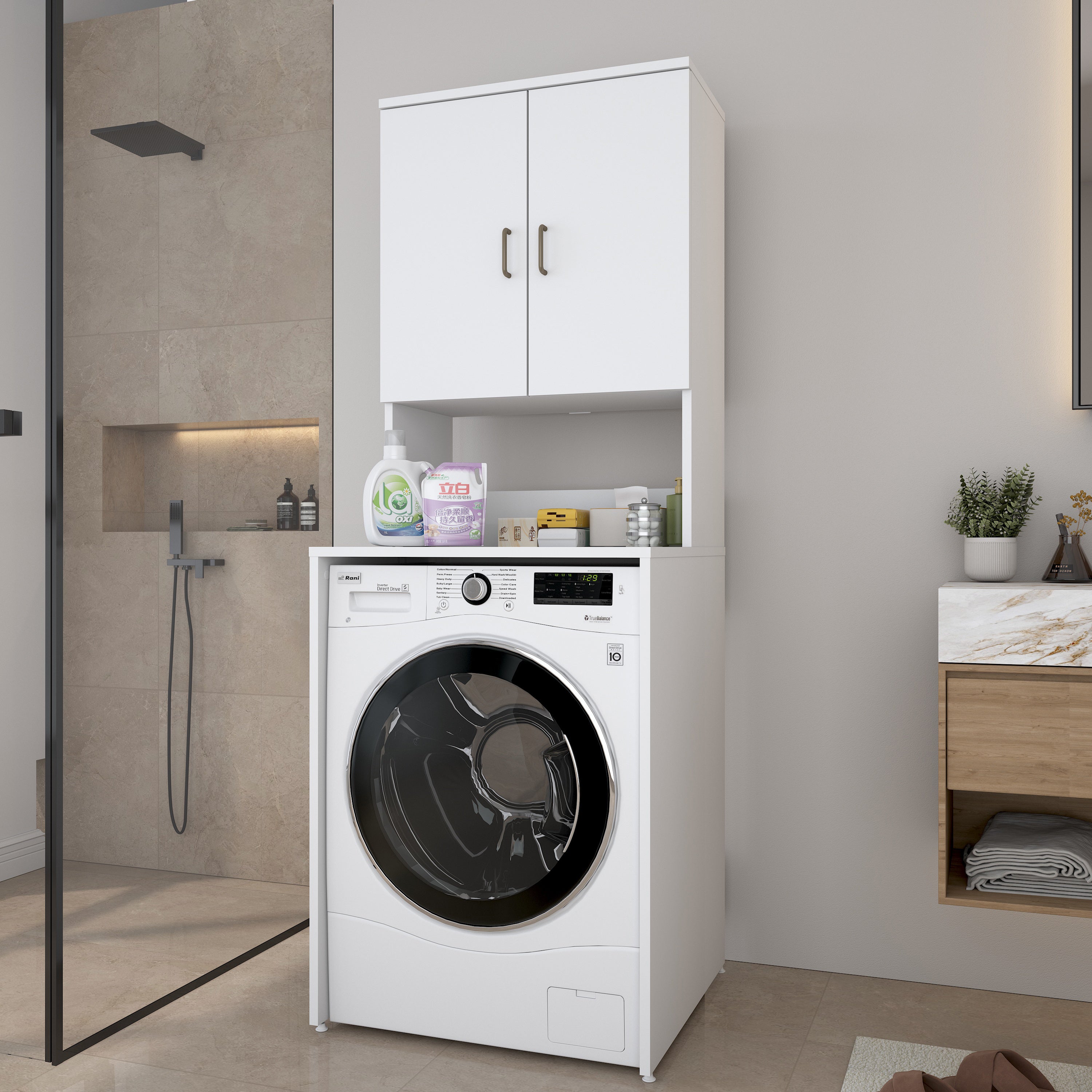Rani KD136 Çamaşır Makinesi Dolabı 2 Raflı 2 Kapaklı Banyo Dolabı Beyaz