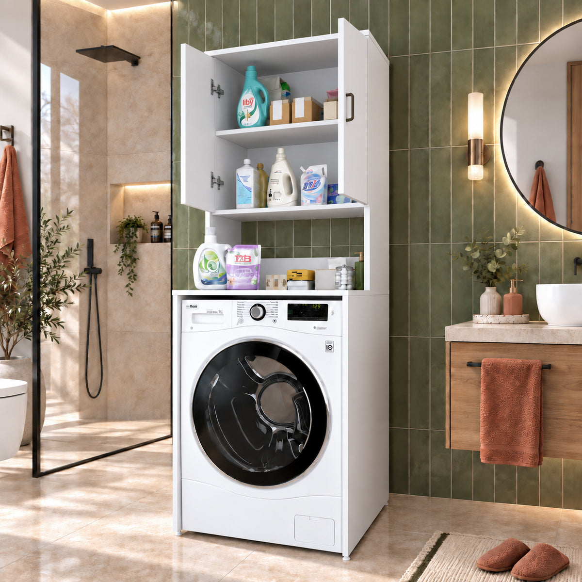 Rani KD136 Çamaşır Makinesi Dolabı 2 Raflı 2 Kapaklı Banyo Dolabı Beyaz