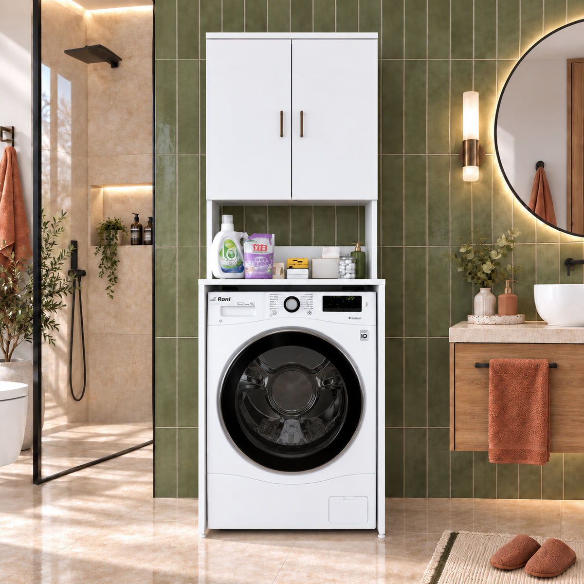 Rani KD136 Çamaşır Makinesi Dolabı 2 Raflı 2 Kapaklı Banyo Dolabı Beyaz
