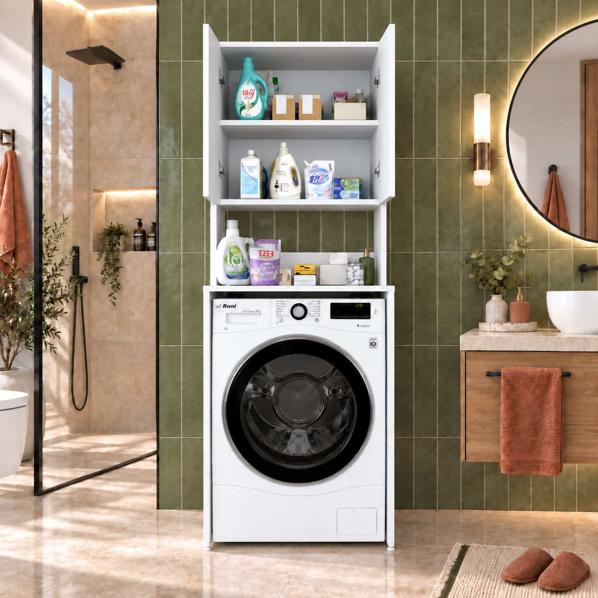 Rani KD136 Çamaşır Makinesi Dolabı 2 Raflı 2 Kapaklı Banyo Dolabı Beyaz