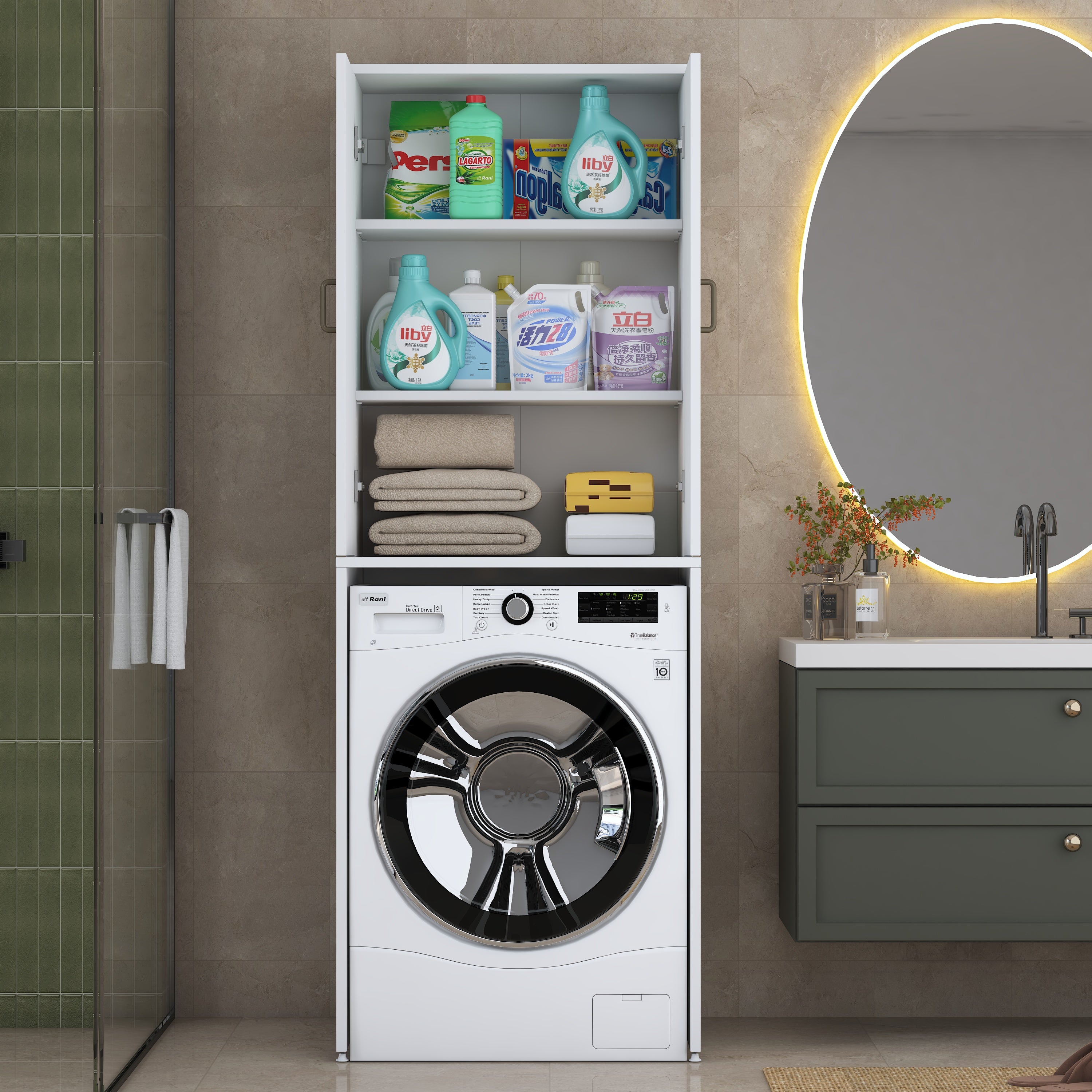 Rani KD135 Çamaşır Makinesi Dolabı 2 Raflı Kapaklı Banyo Dolabı Beyaz