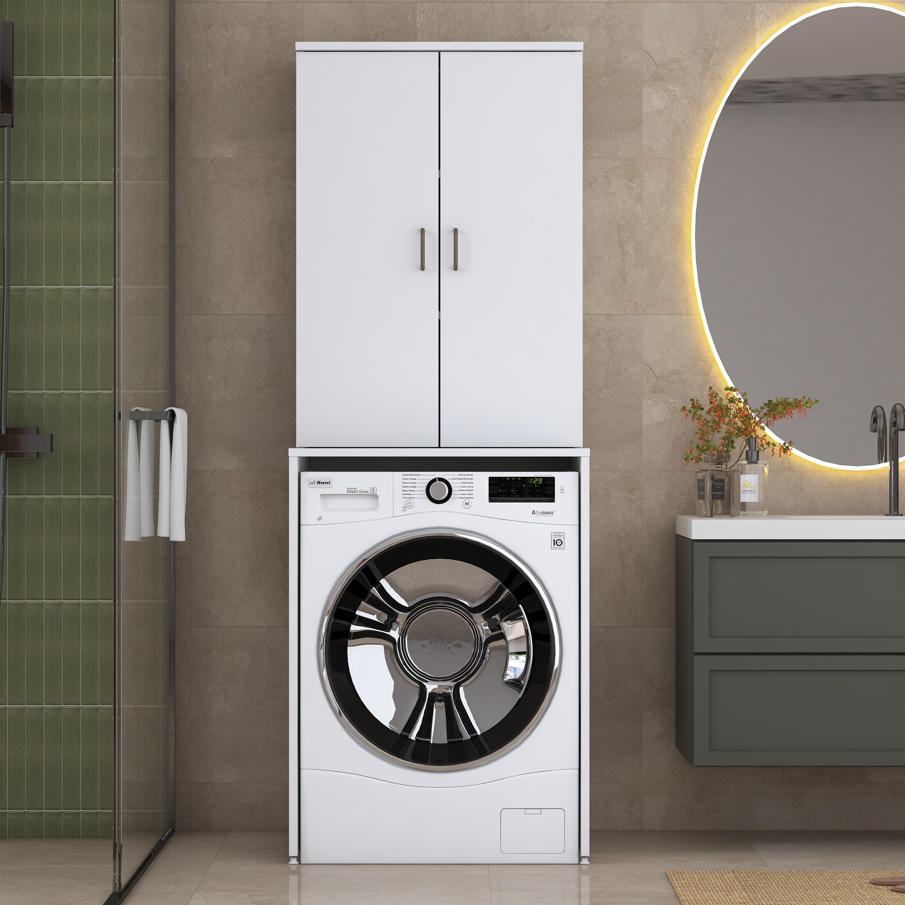 Rani KD135 Çamaşır Makinesi Dolabı 2 Raflı Kapaklı Banyo Dolabı Beyaz