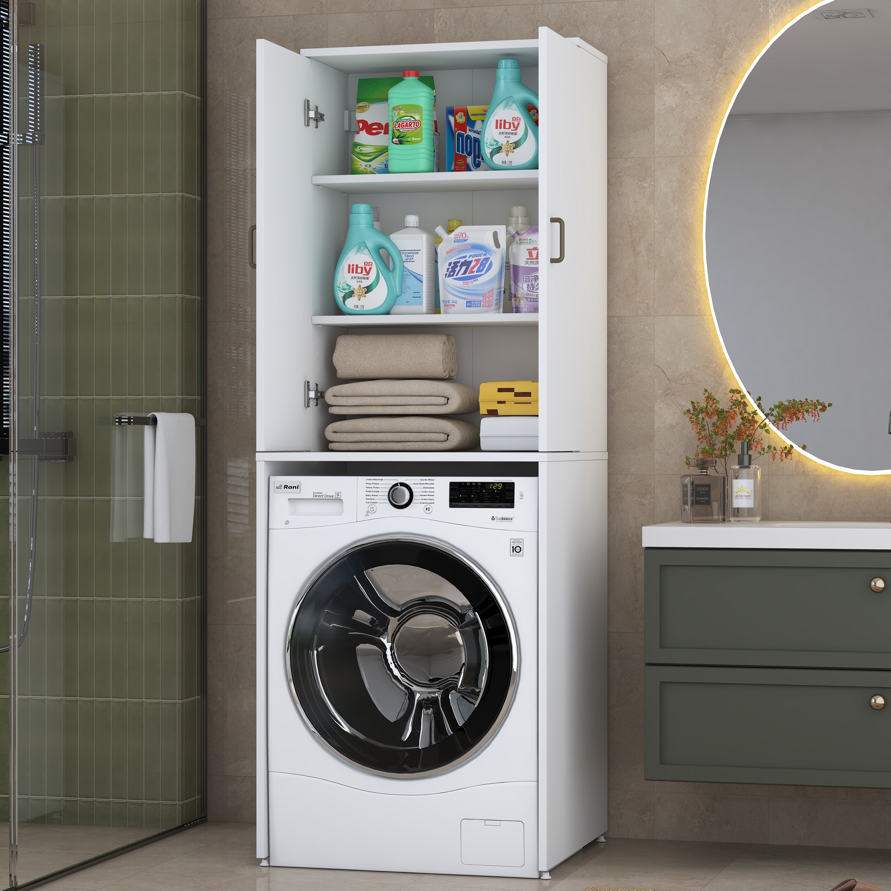 Rani KD135 Çamaşır Makinesi Dolabı 2 Raflı Kapaklı Banyo Dolabı Beyaz