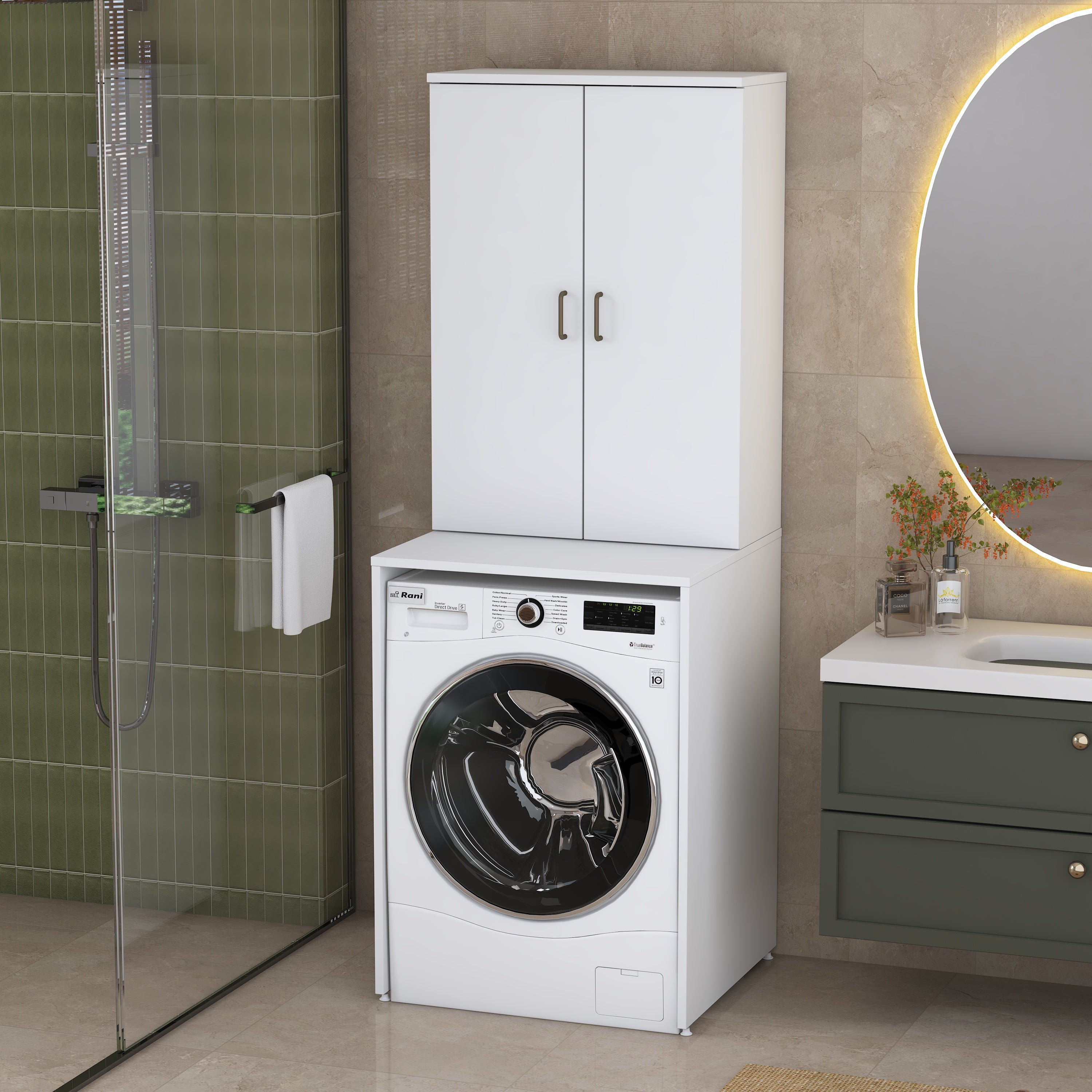 Rani KD135 Çamaşır Makinesi Dolabı 2 Raflı Kapaklı Banyo Dolabı Beyaz