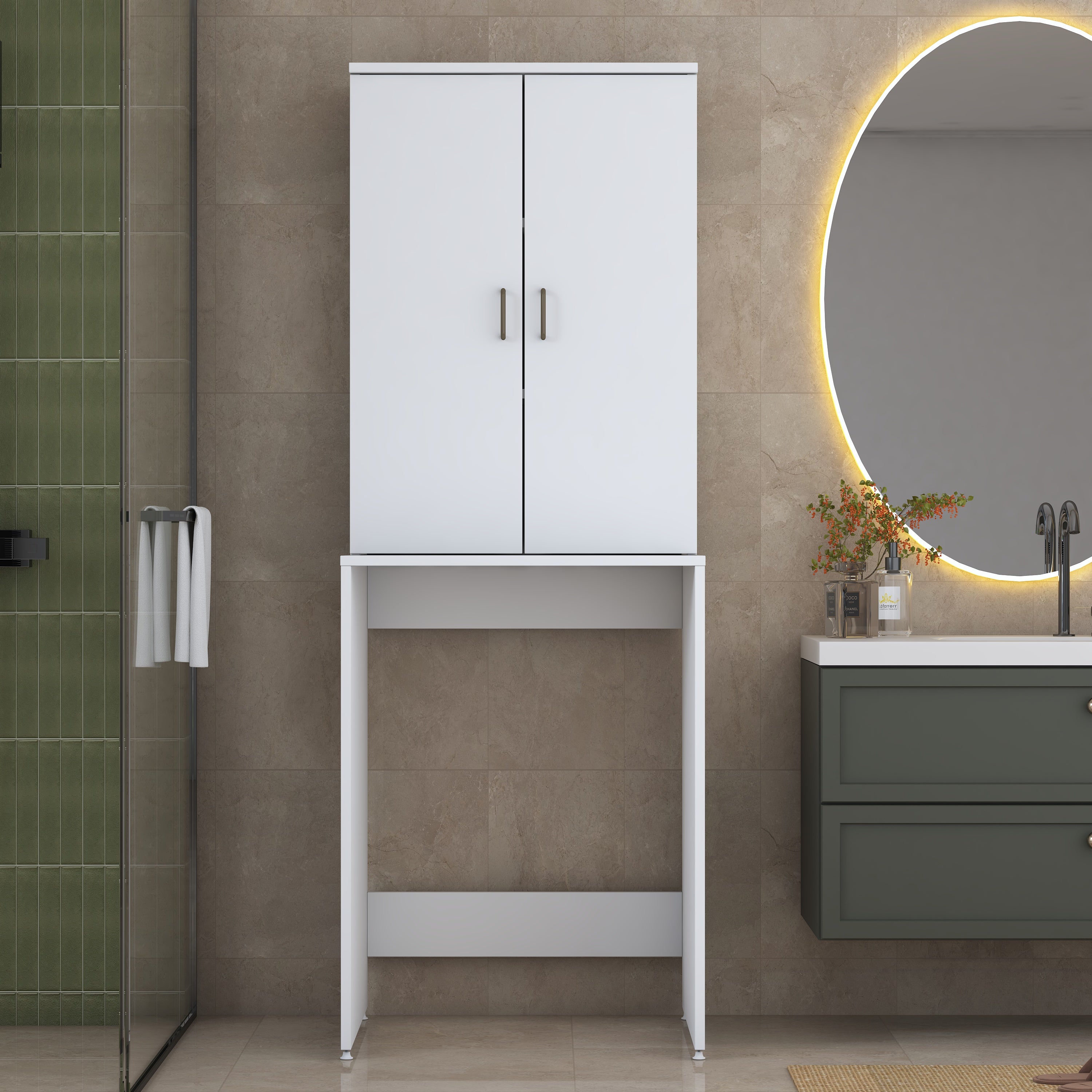 Rani KD135 Çamaşır Makinesi Dolabı 2 Raflı Kapaklı Banyo Dolabı Beyaz
