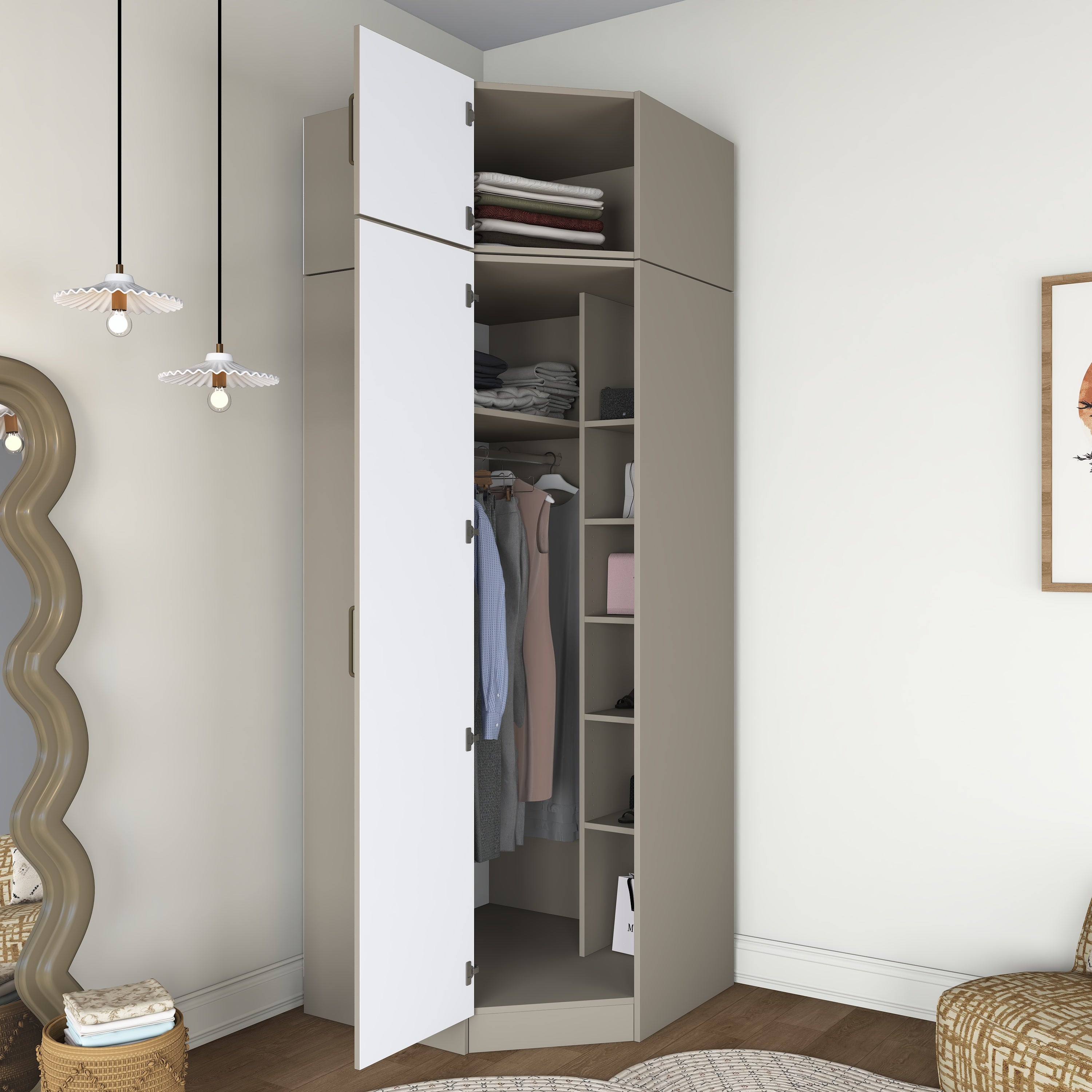 Rani BA324 Membran Kapaklı Köşe Modül Gardırop Tek Kapaklı 6 Raflı Askılı Elbise Dolabı Kumtaşı