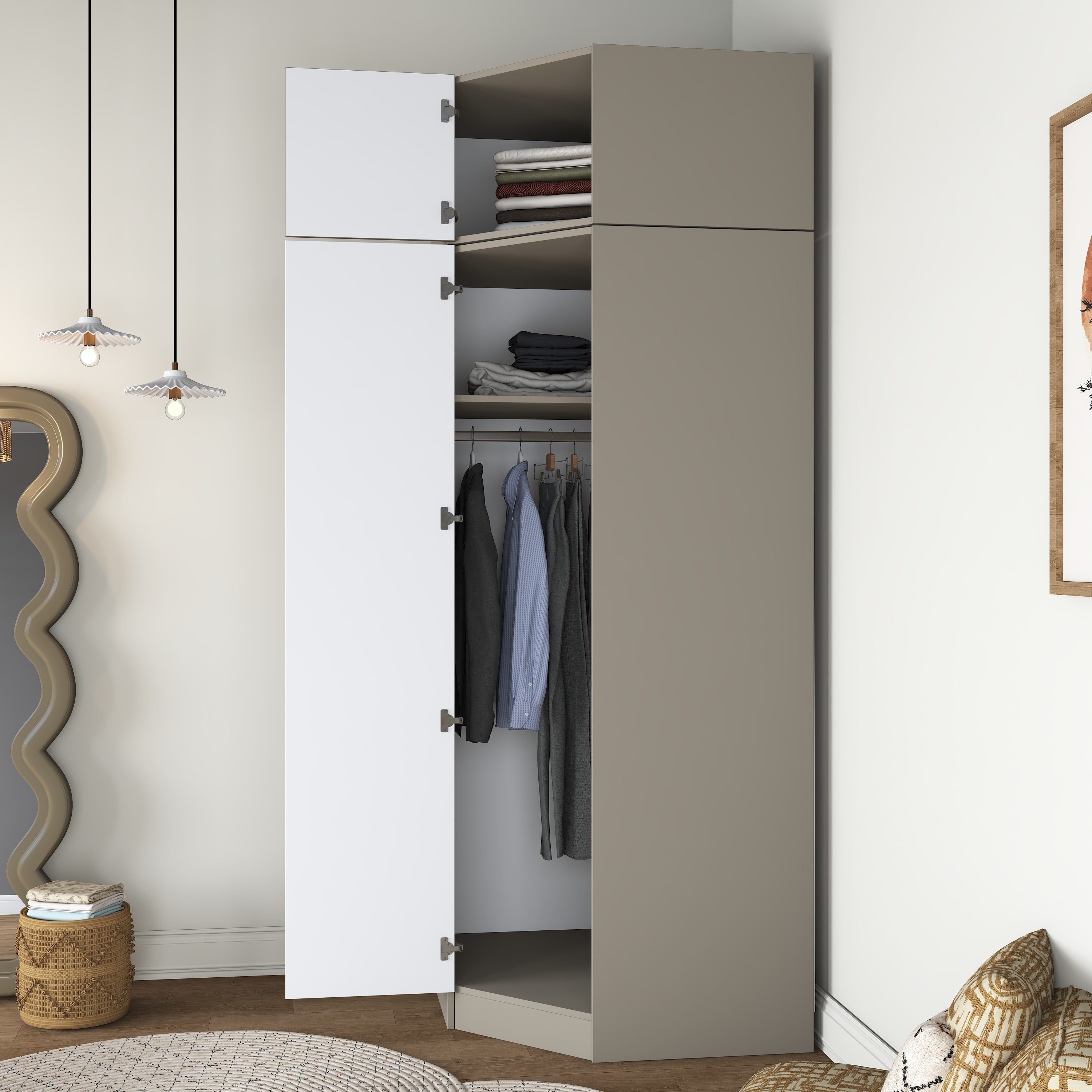 Rani BA324 Membran Kapaklı Köşe Modül Gardırop Tek Kapaklı 6 Raflı Askılı Elbise Dolabı Kumtaşı