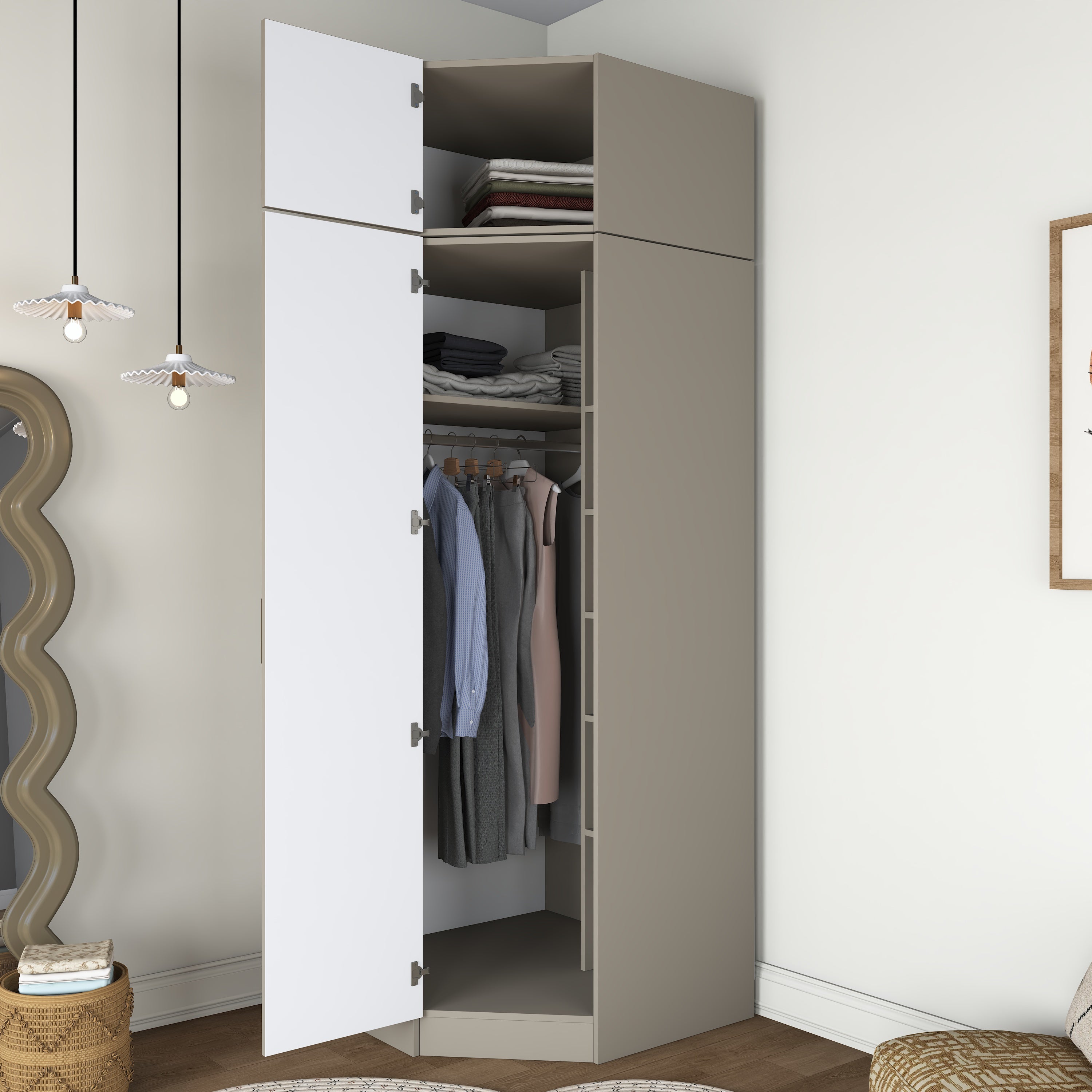 Rani BA324 Membran Kapaklı Köşe Modül Gardırop Tek Kapaklı 6 Raflı Askılı Elbise Dolabı Kumtaşı