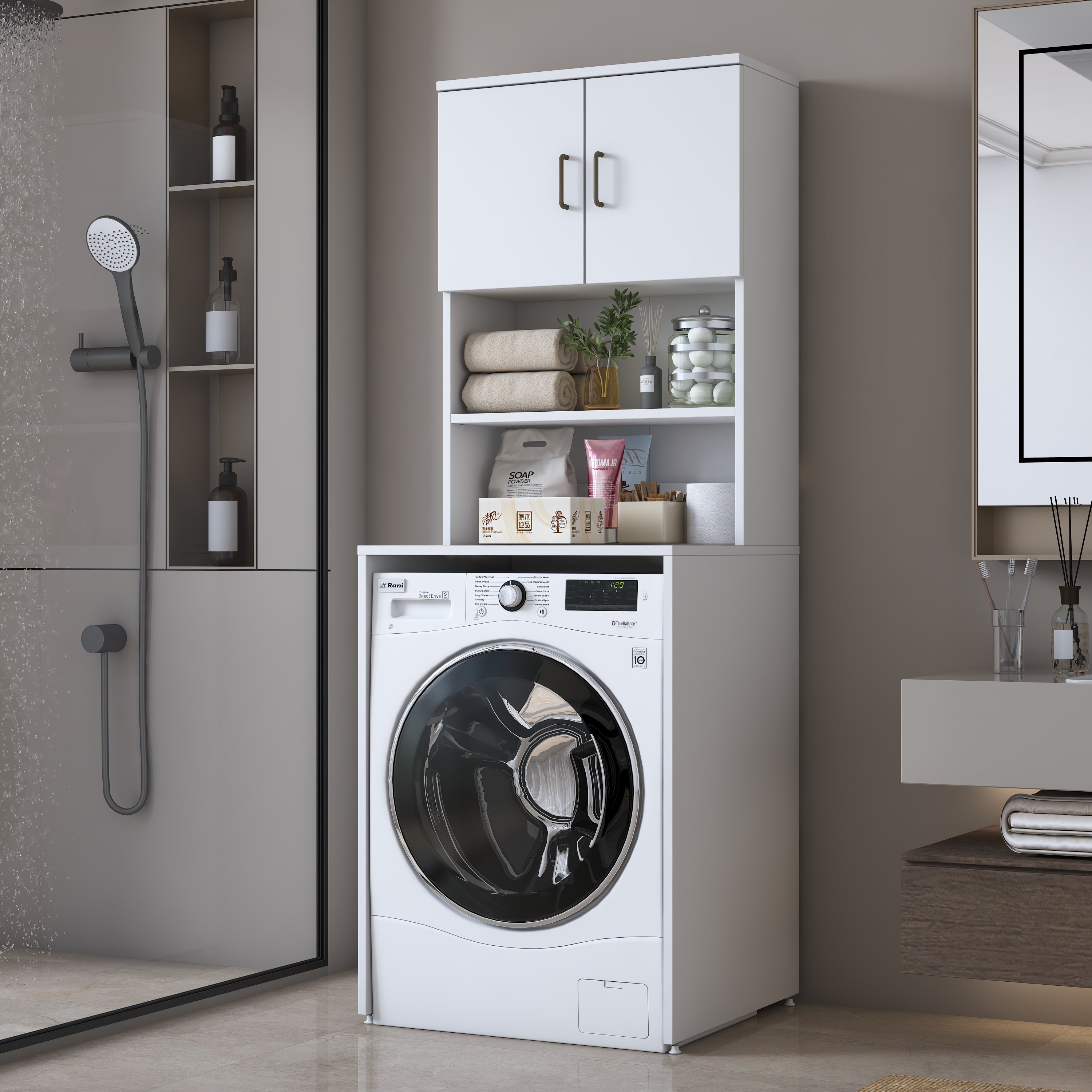 Rani KD137 Çamaşır Makinesi Dolabı 2 Kapaklı 2 Raflı Banyo Dolabı Beyaz