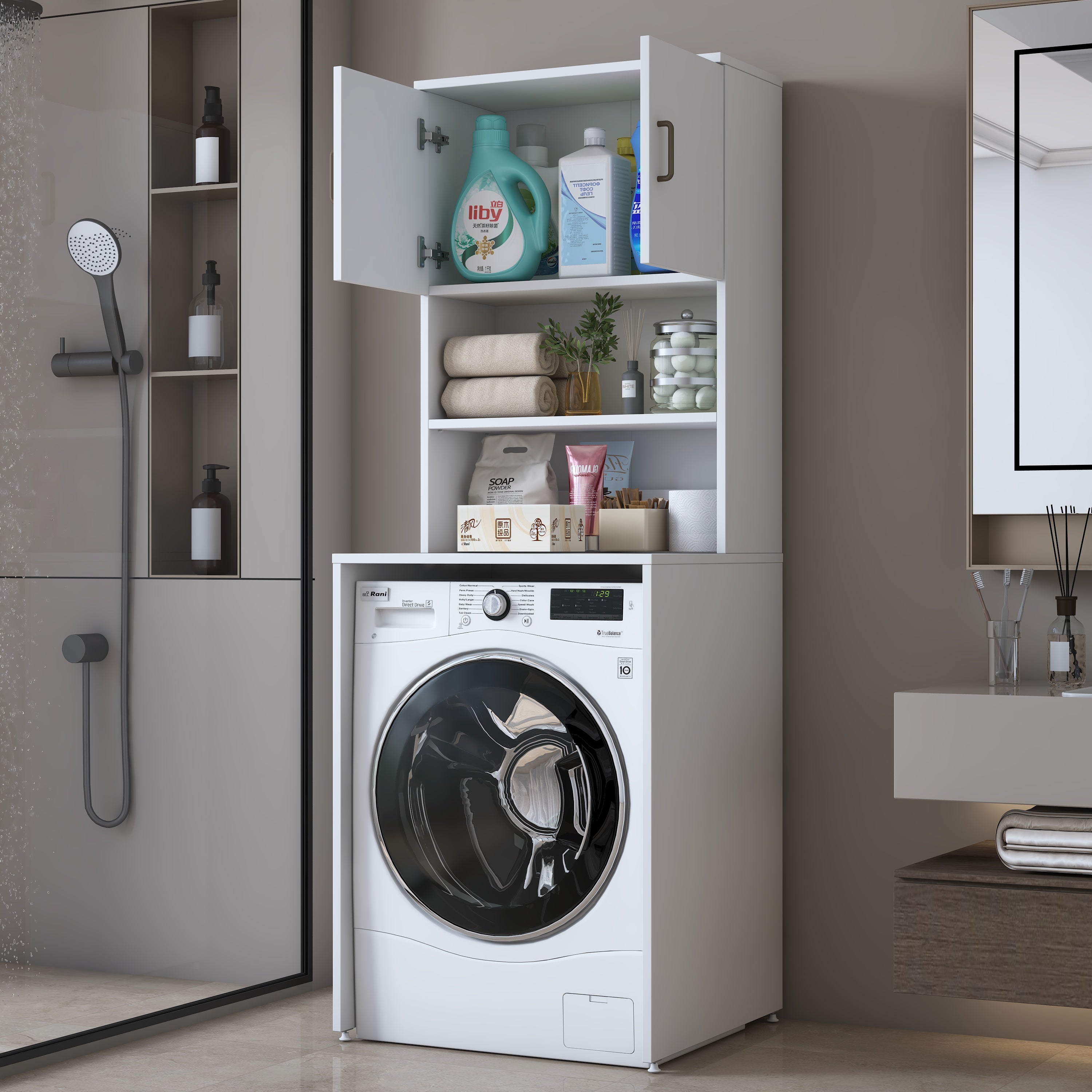 Rani KD137 Çamaşır Makinesi Dolabı 2 Kapaklı 2 Raflı Banyo Dolabı Beyaz
