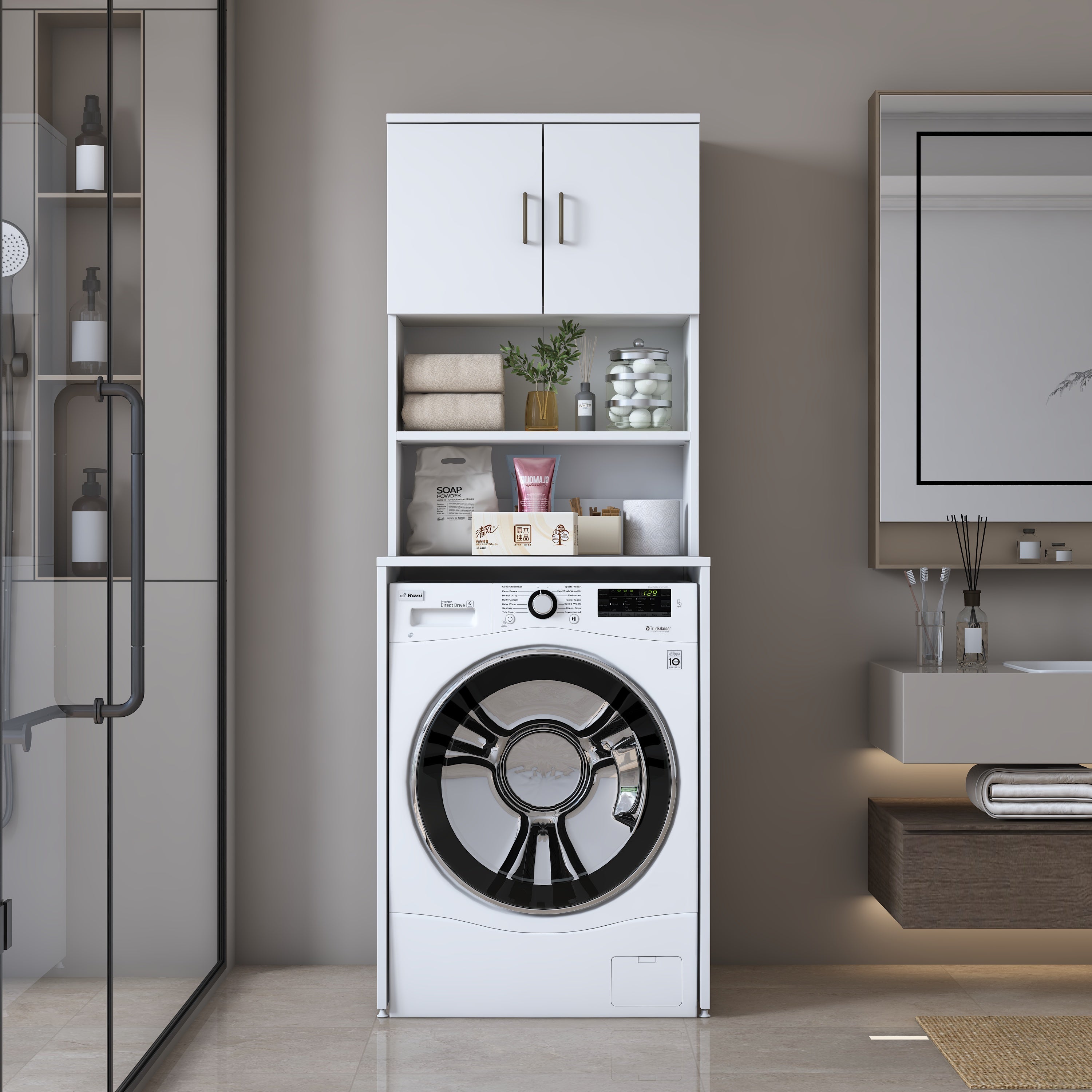 Rani KD137 Çamaşır Makinesi Dolabı 2 Kapaklı 2 Raflı Banyo Dolabı Beyaz