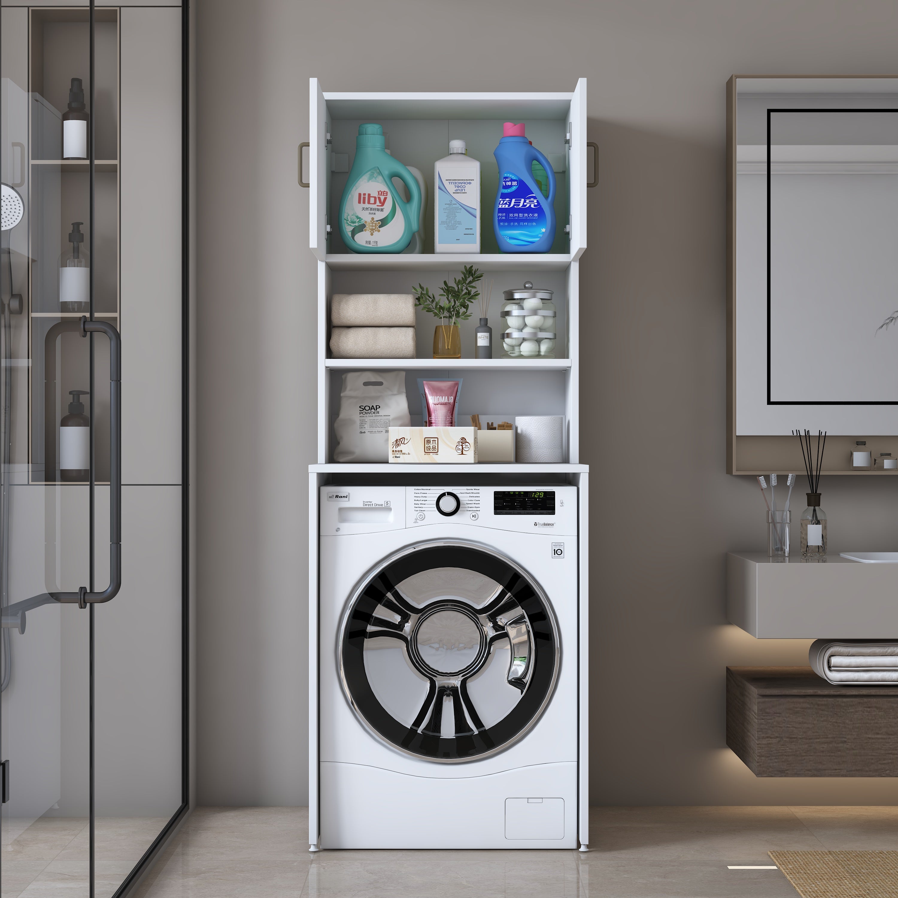Rani KD137 Çamaşır Makinesi Dolabı 2 Kapaklı 2 Raflı Banyo Dolabı Beyaz