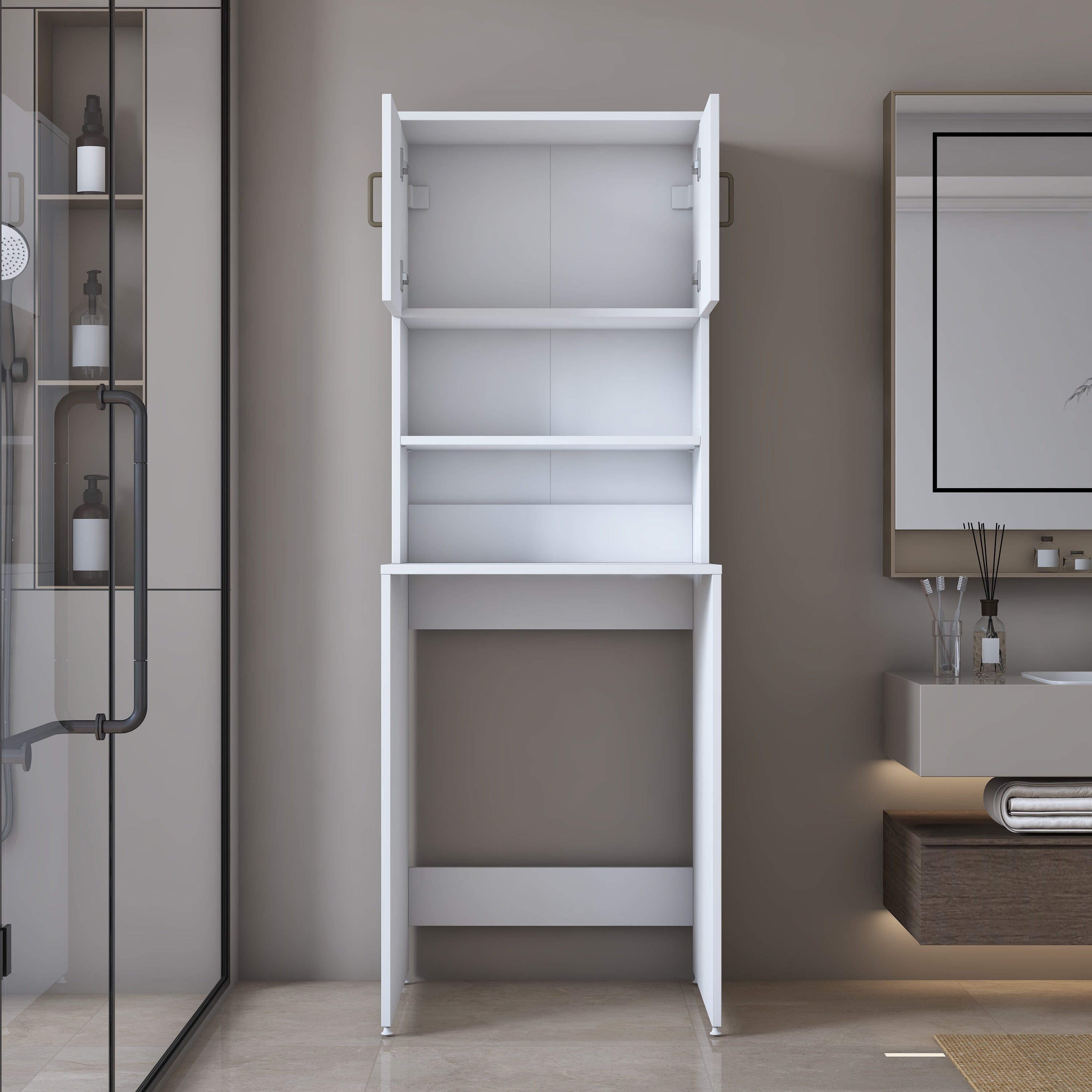 Rani KD137 Çamaşır Makinesi Dolabı 2 Kapaklı 2 Raflı Banyo Dolabı Beyaz