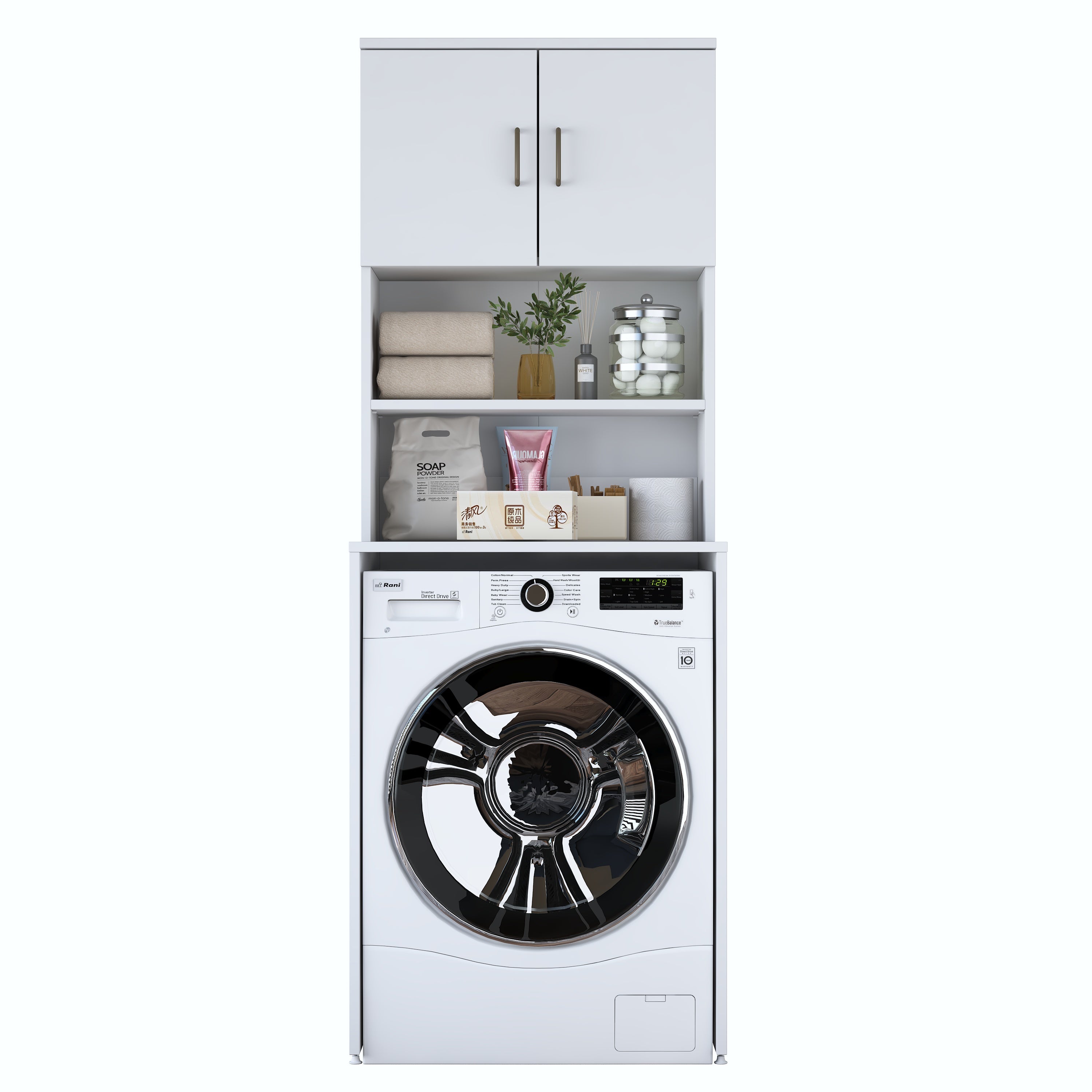 Rani KD137 Çamaşır Makinesi Dolabı 2 Kapaklı 2 Raflı Banyo Dolabı Beyaz