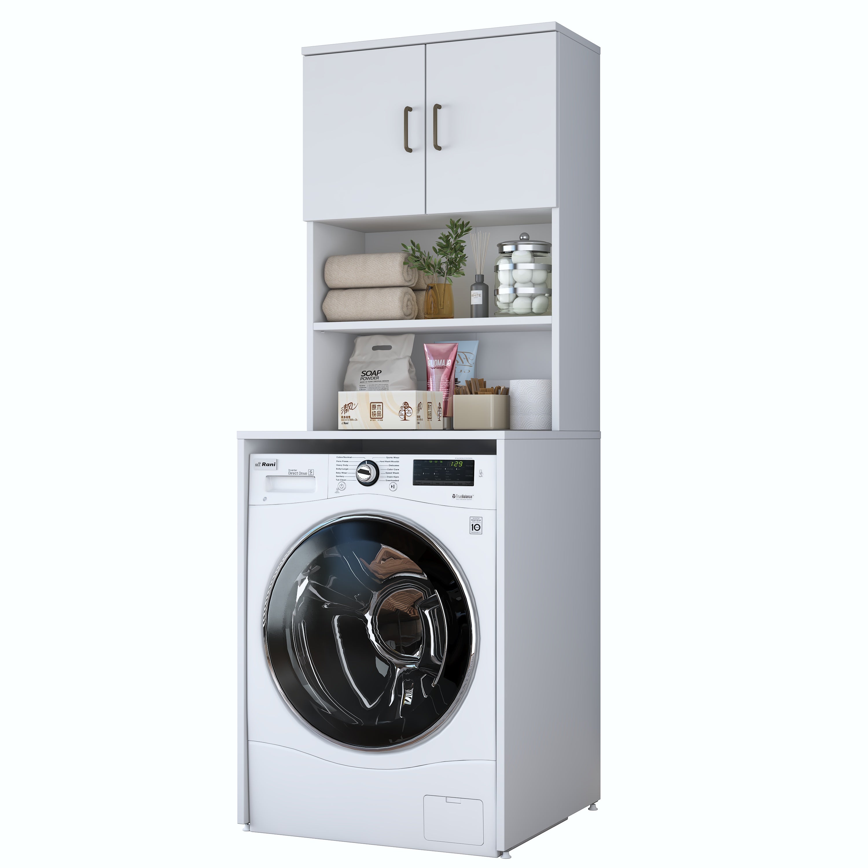 Rani KD137 Çamaşır Makinesi Dolabı 2 Kapaklı 2 Raflı Banyo Dolabı Beyaz