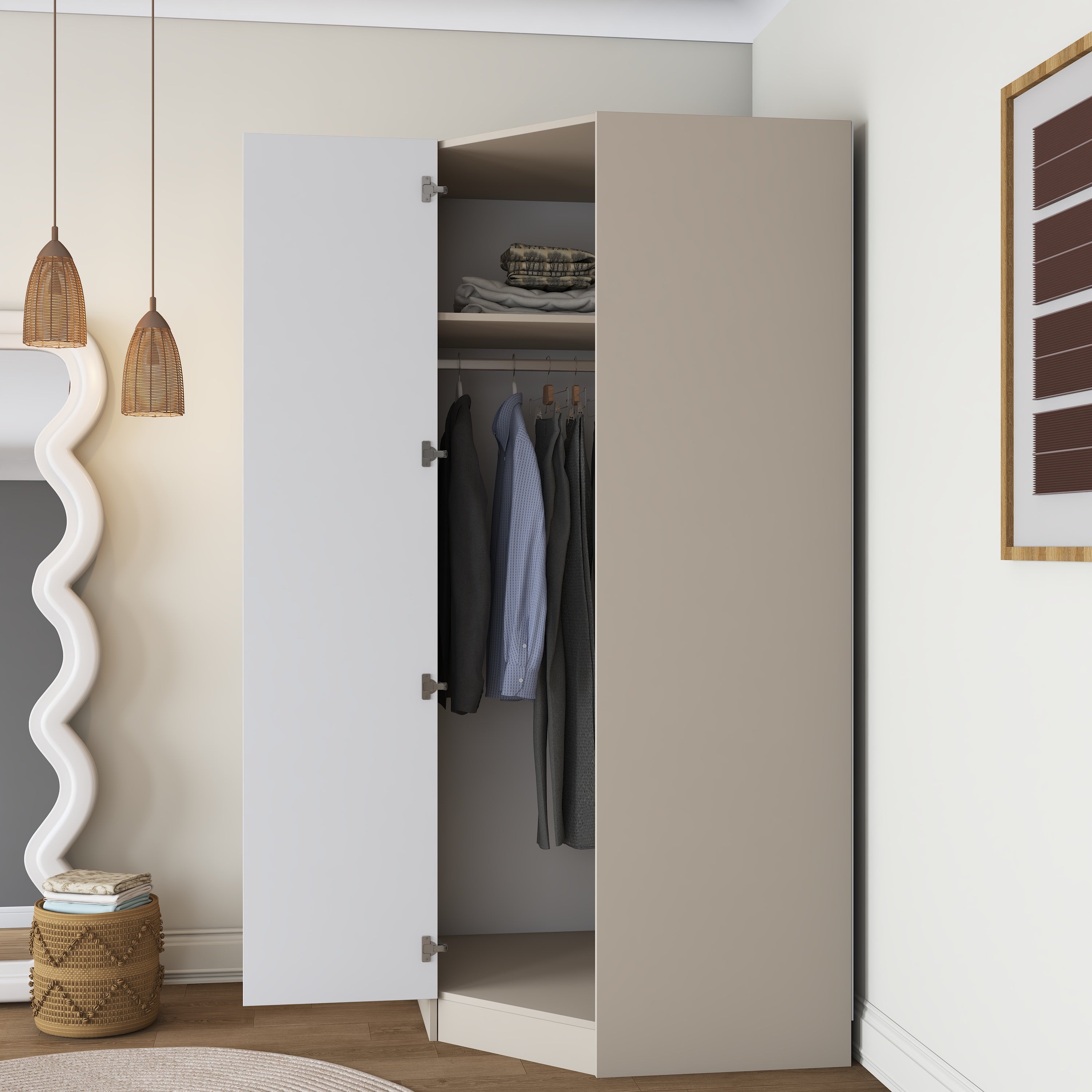 Rani BA279 Membran Kapaklı Köşe Modül Gardırop Tek Kapaklı 6 Raflı Askılı Elbise Dolabı Kumtaşı
