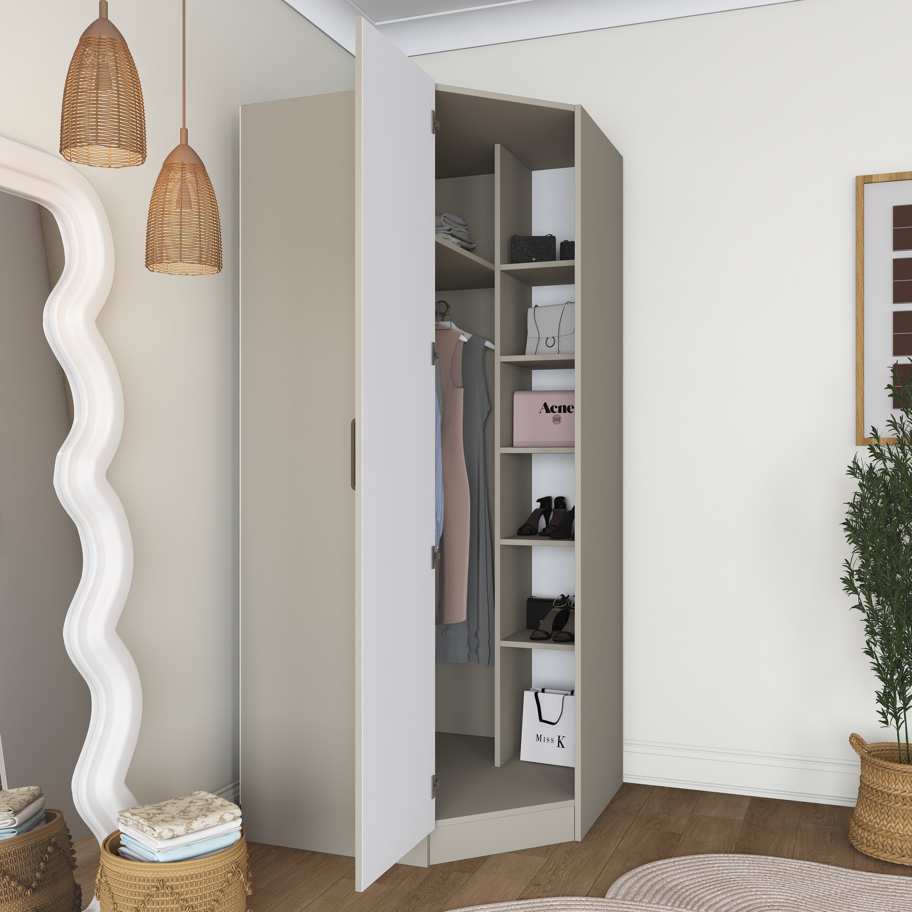 Rani BA279 Membran Kapaklı Köşe Modül Gardırop Tek Kapaklı 6 Raflı Askılı Elbise Dolabı Kumtaşı