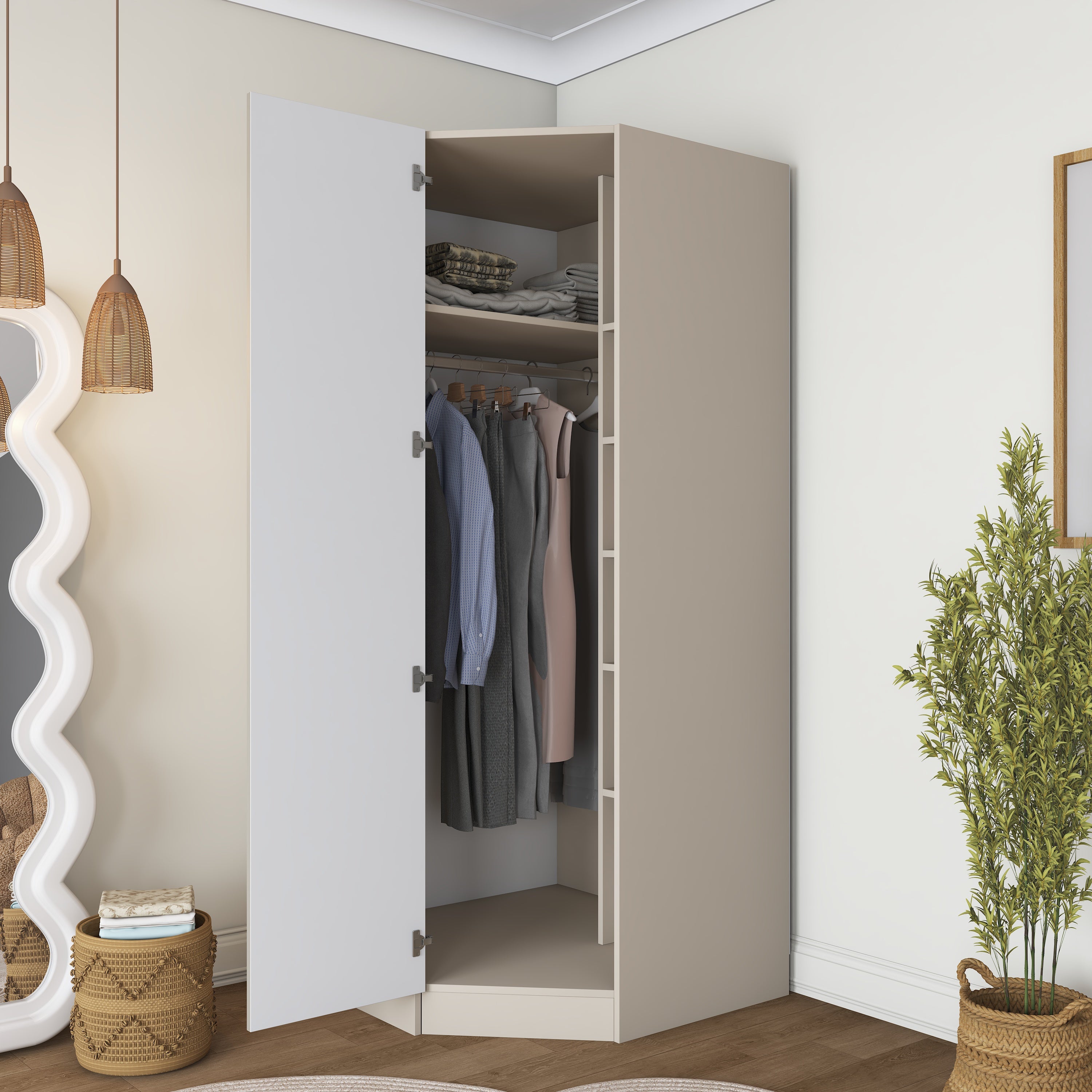 Rani BA279 Membran Kapaklı Köşe Modül Gardırop Tek Kapaklı 6 Raflı Askılı Elbise Dolabı Kumtaşı