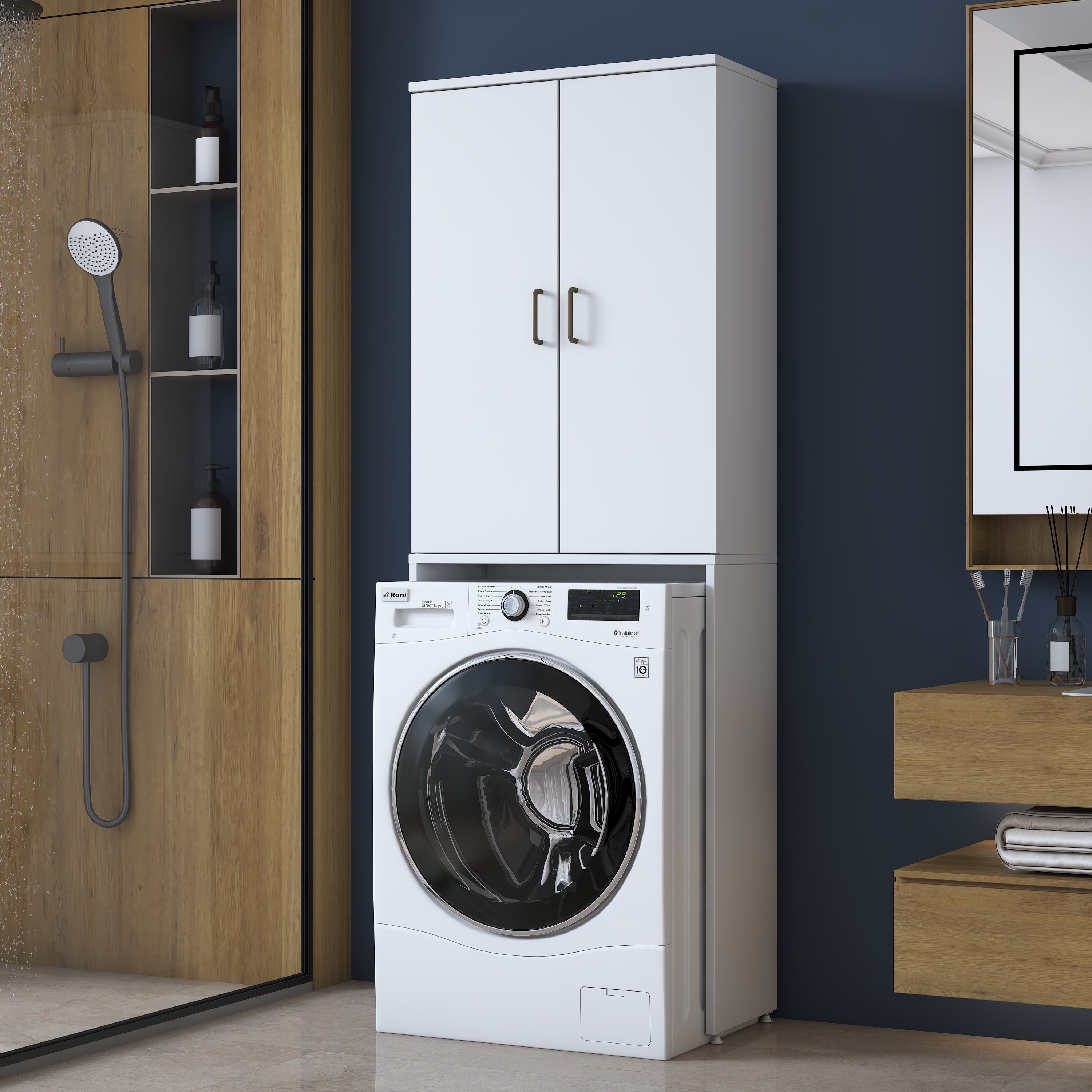 Rani KD138 Çamaşır Makinesi Dolabı 2 Kapaklı 2 Raflı Banyo Dolabı Beyaz