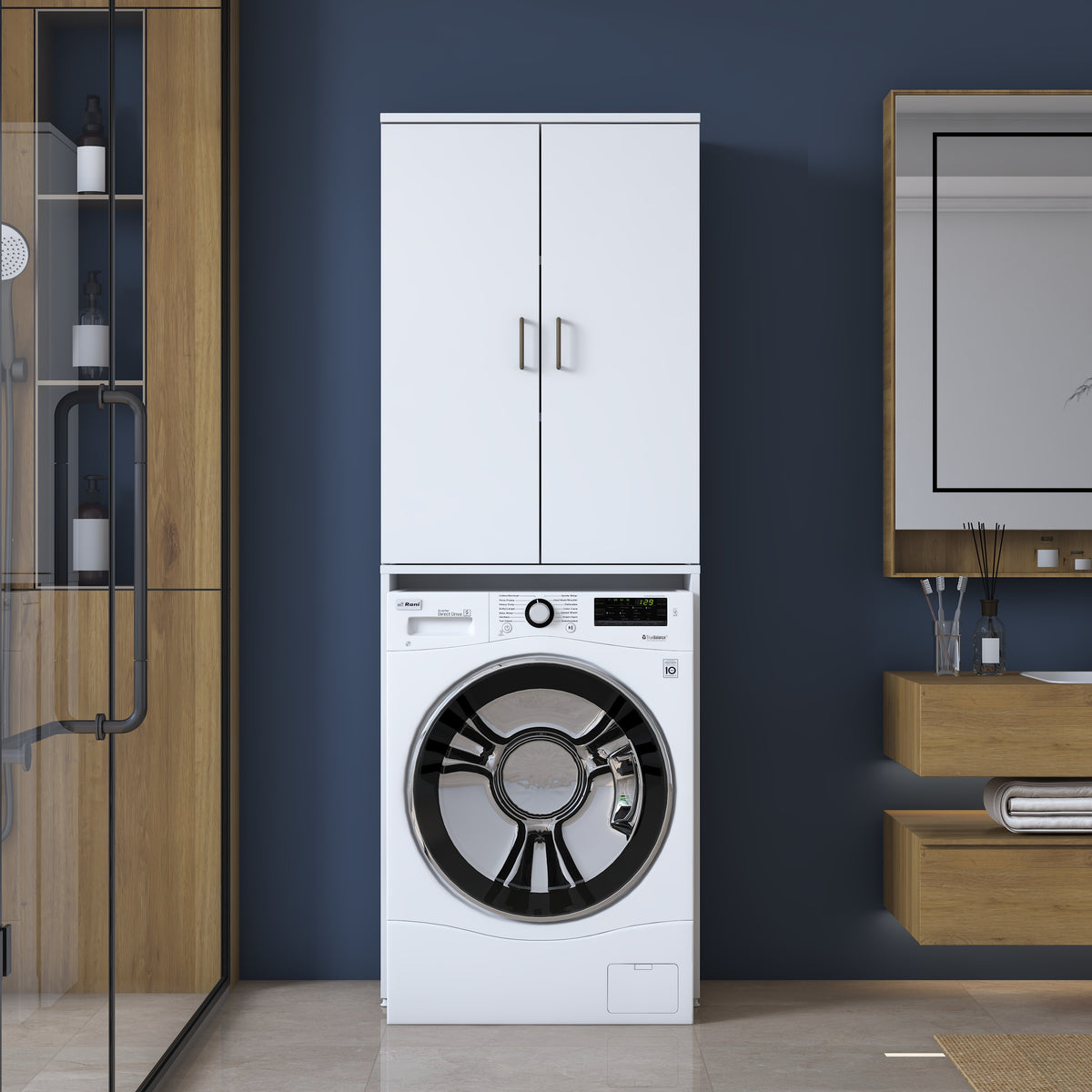 Rani KD138 Çamaşır Makinesi Dolabı 2 Kapaklı 2 Raflı Banyo Dolabı Beyaz