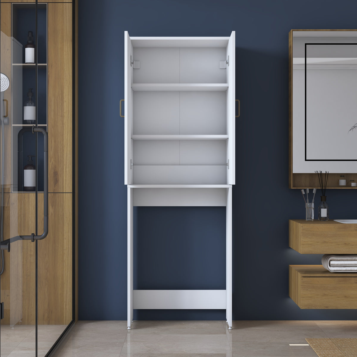 Rani KD138 Çamaşır Makinesi Dolabı 2 Kapaklı 2 Raflı Banyo Dolabı Beyaz