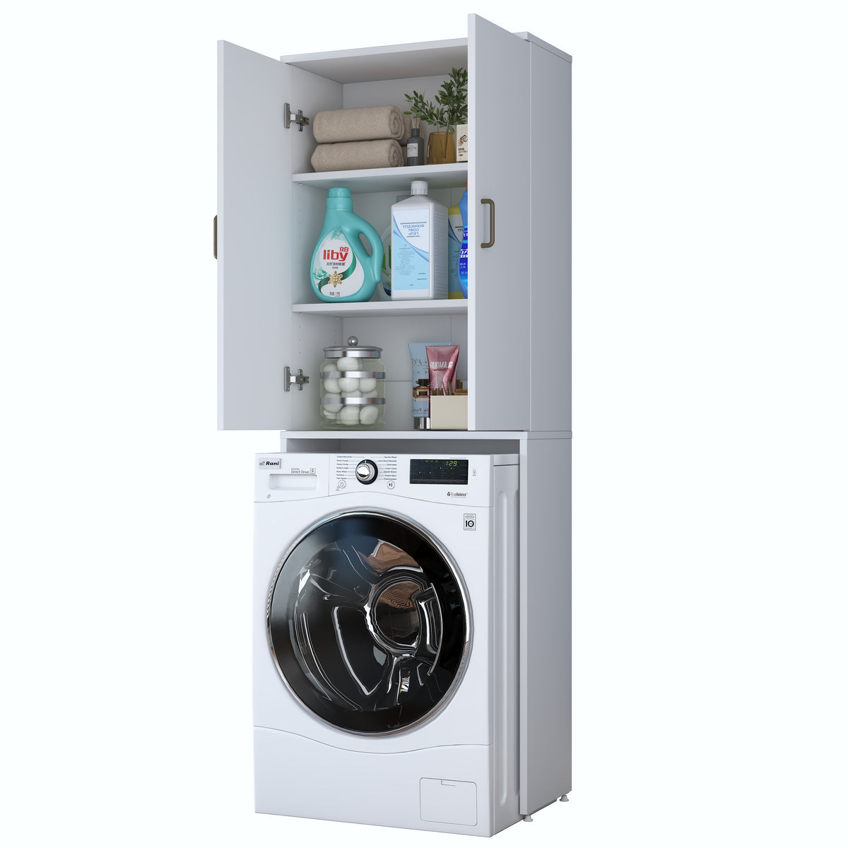 Rani KD138 Çamaşır Makinesi Dolabı 2 Kapaklı 2 Raflı Banyo Dolabı Beyaz