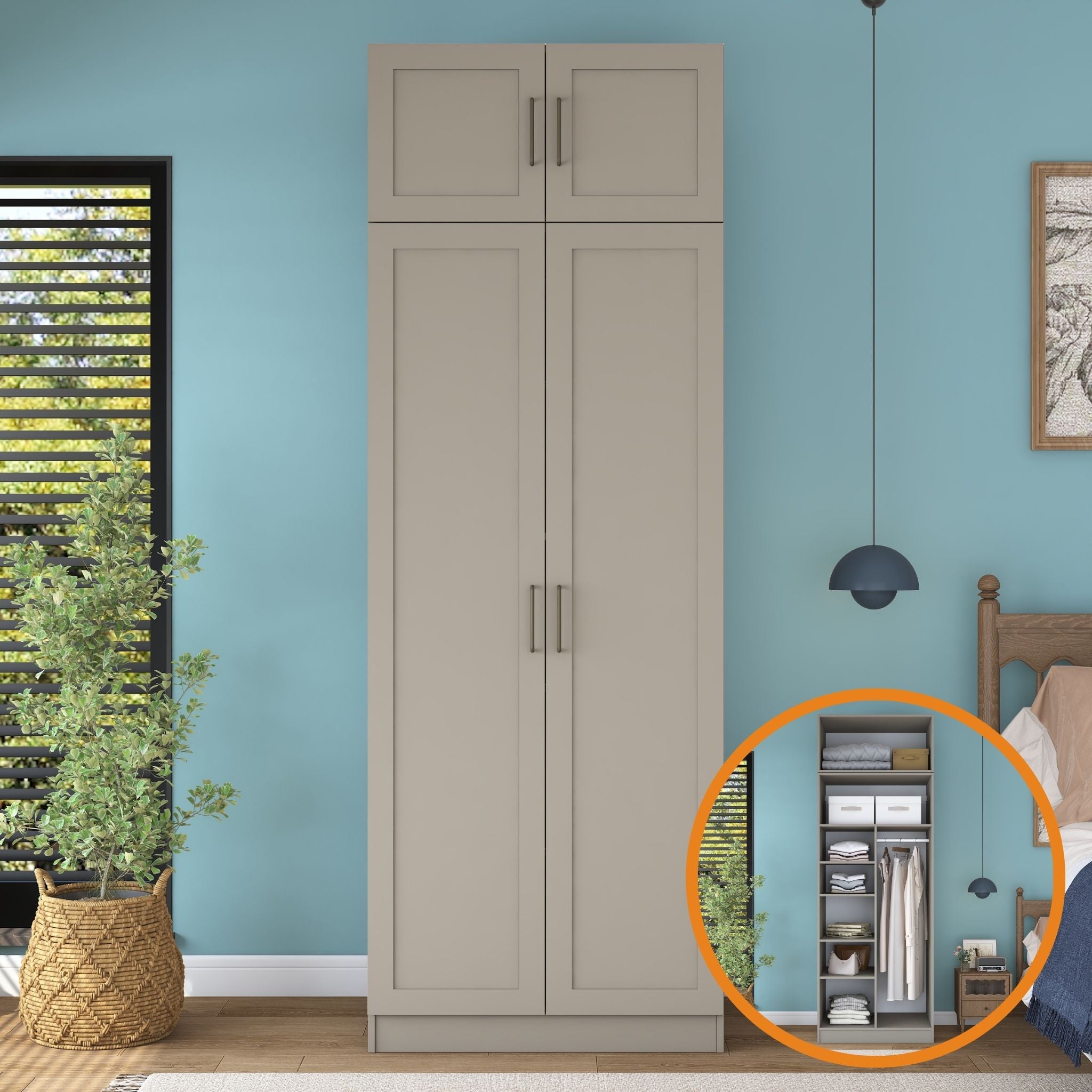 Rani BA338 Membran Kapaklı Gardırop 2 Kapaklı 6 Raflı Askılı Elbise Dolabı Kumtaşı