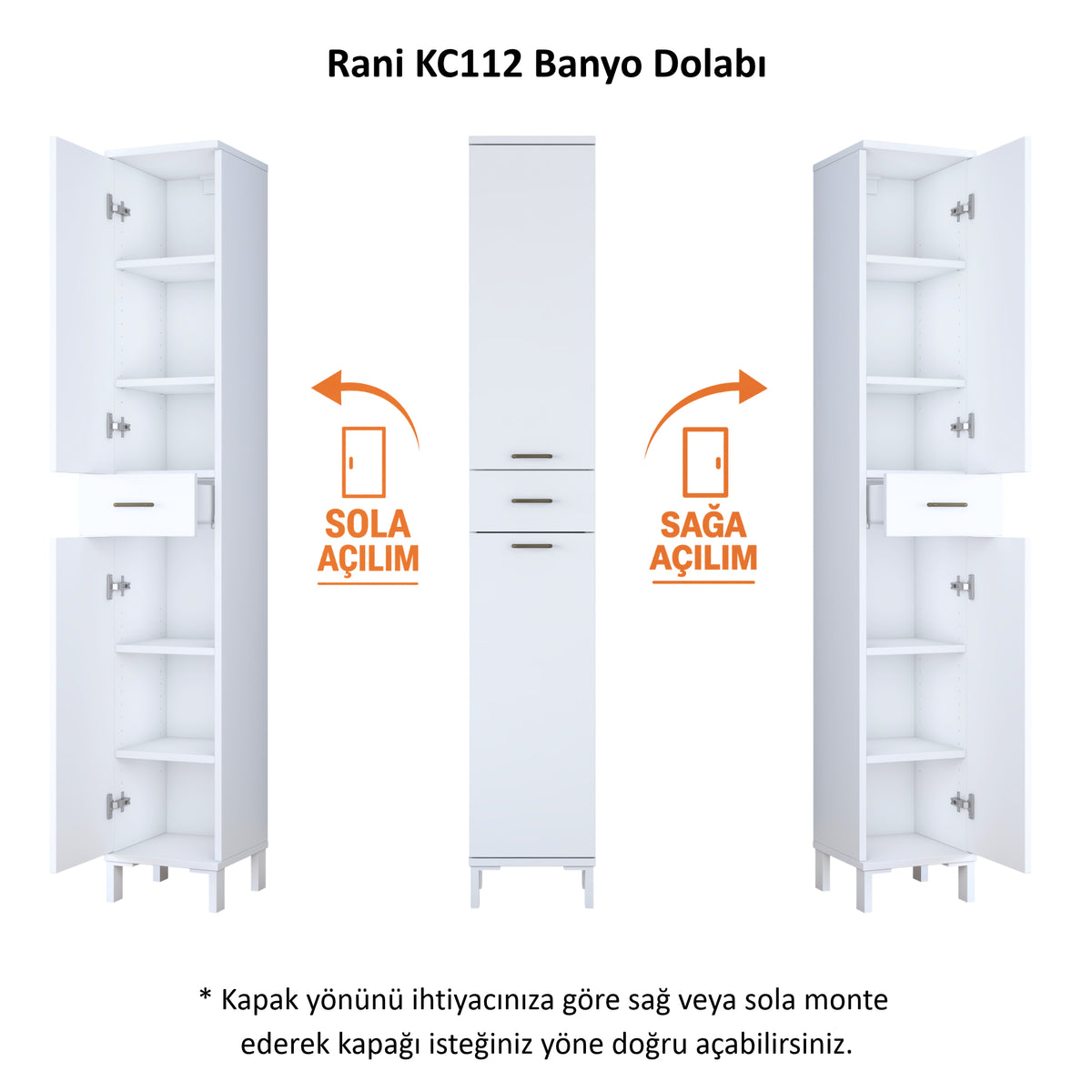 Rani KC112 Banyo Dolabı 2 Kapaklı 4 Raflı Çekmeceli Çok Amaçlı Dolap Beyaz