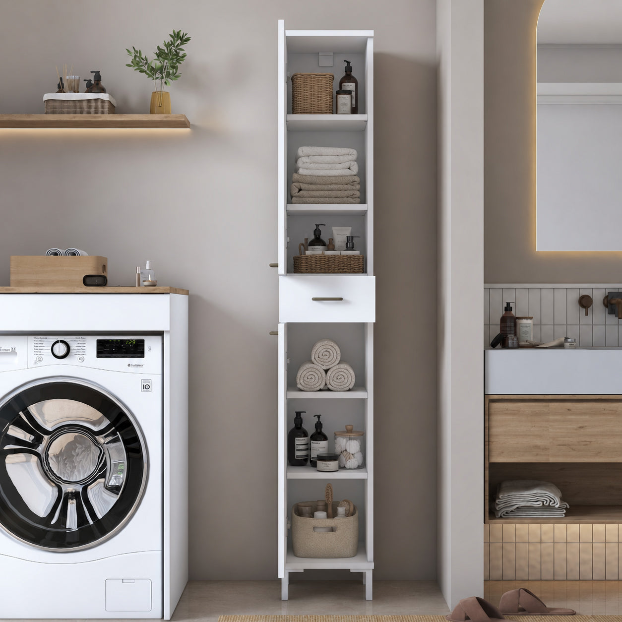Rani KC112 Banyo Dolabı 2 Kapaklı 4 Raflı Çekmeceli Çok Amaçlı Dolap Beyaz