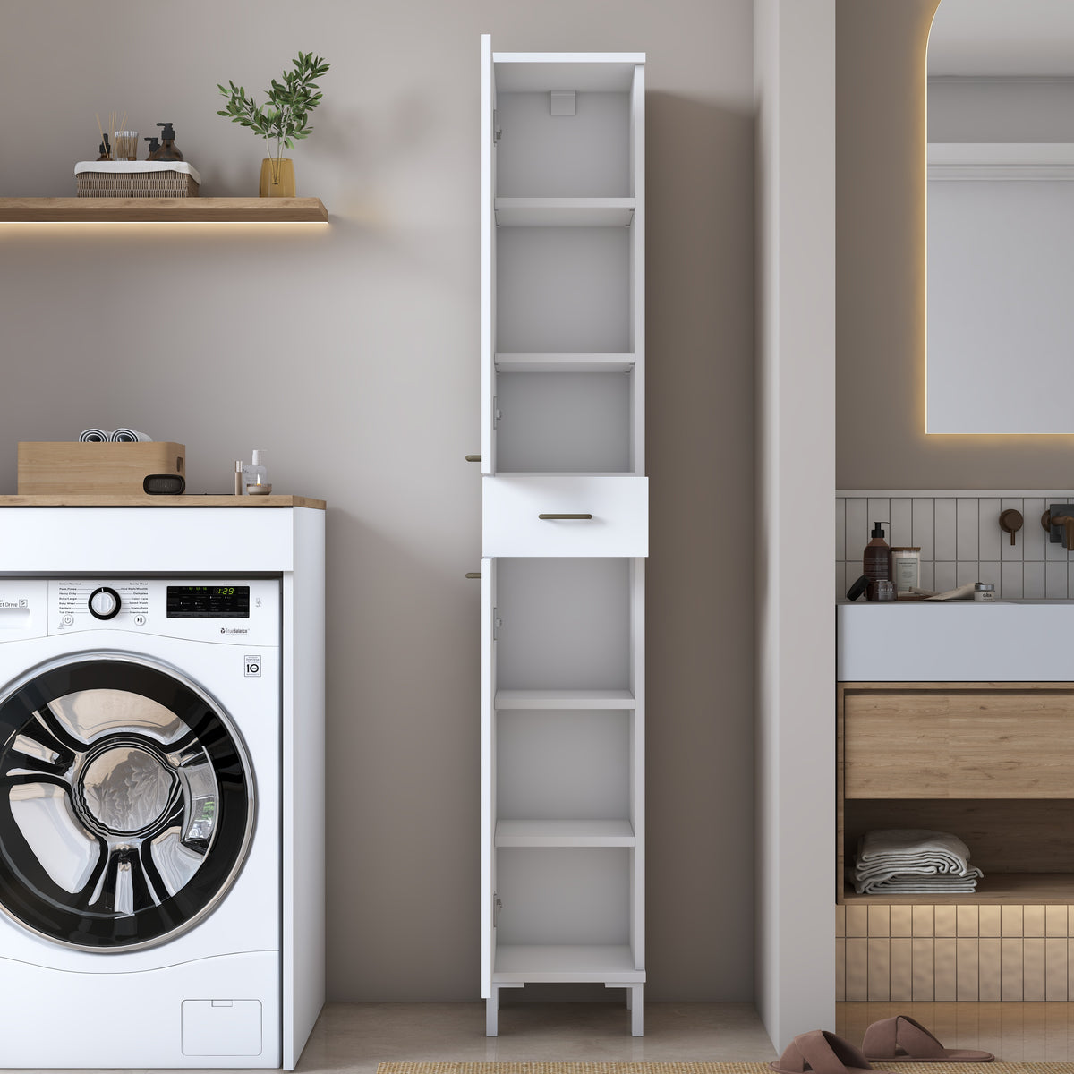 Rani KC112 Banyo Dolabı 2 Kapaklı 4 Raflı Çekmeceli Çok Amaçlı Dolap Beyaz