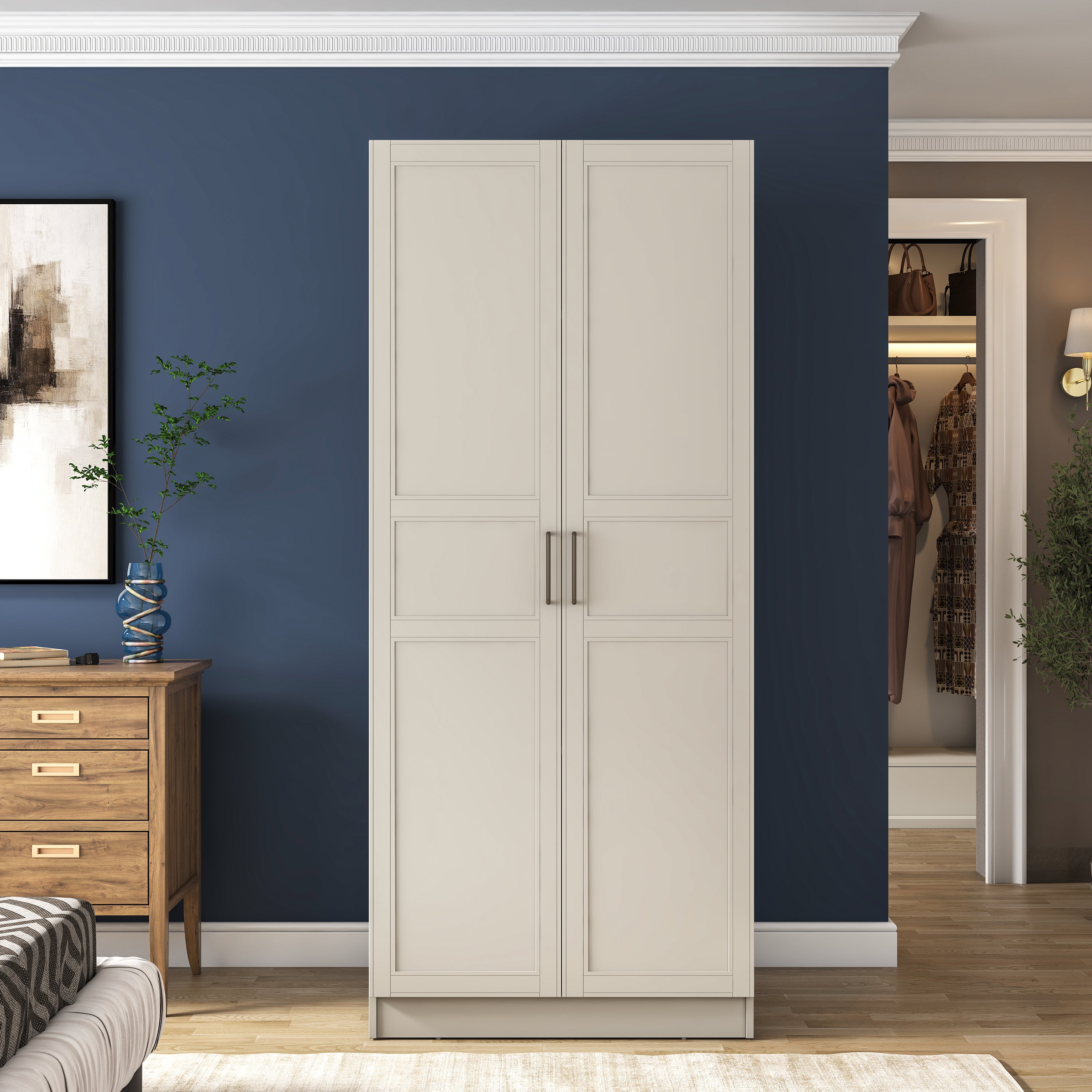 Rani BA258 Membran Kapaklı Gardırop 2 Kapaklı 6 Raflı 2 Askılı Elbise Dolabı Kumtaşı