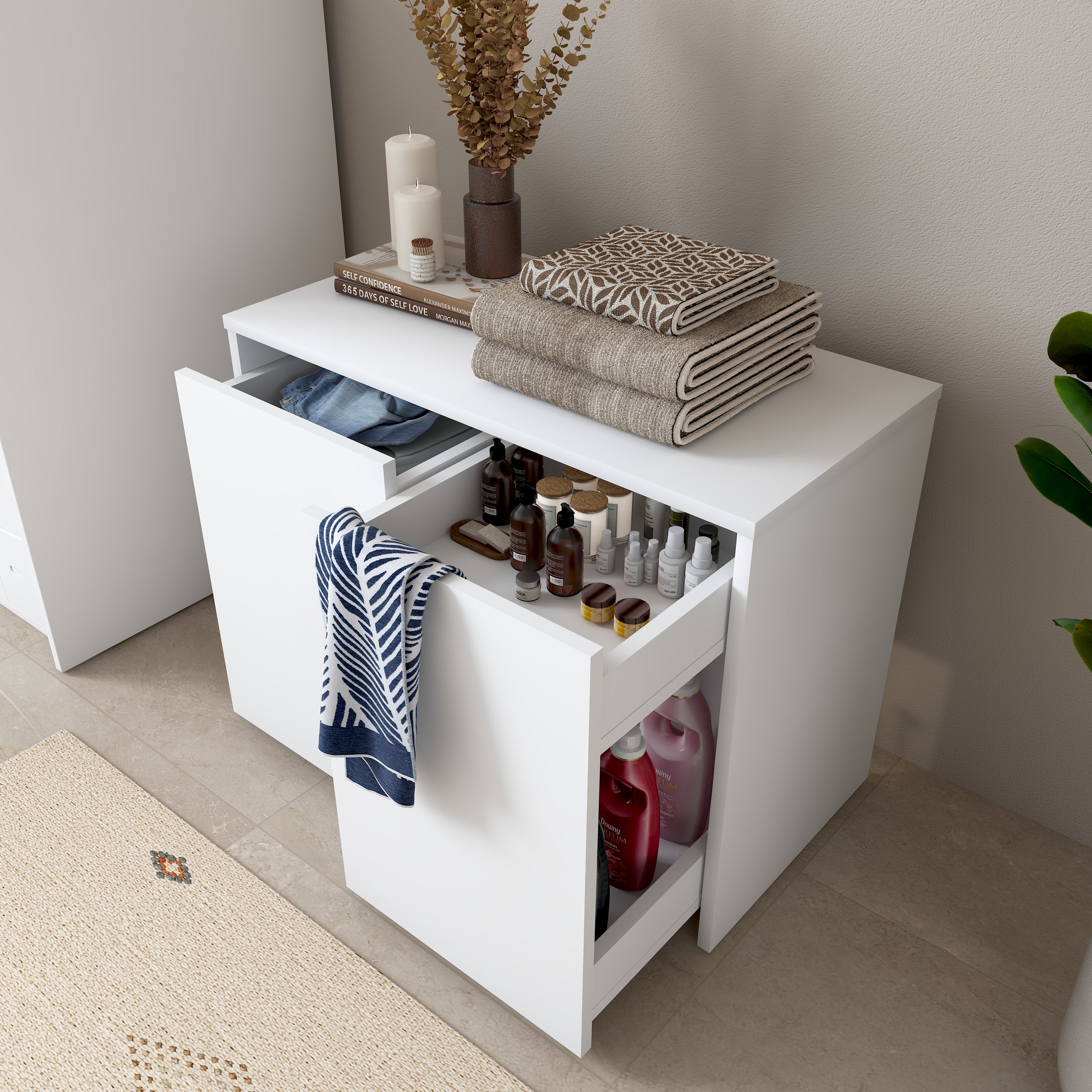 Rani KC117 Tekerlekli Kirli Çamaşır Dolabı 2 Bölmeli Banyo Dolabı Beyaz