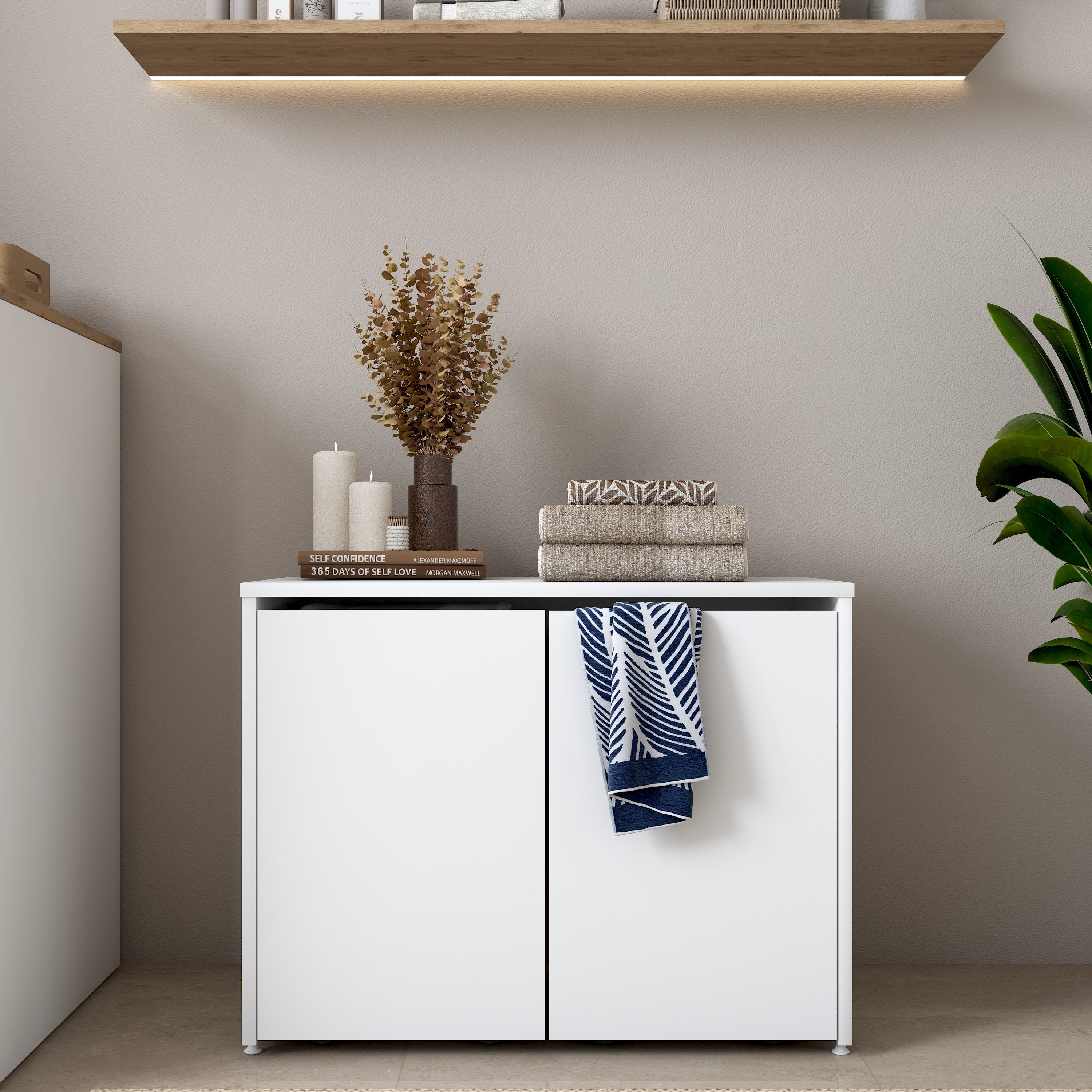 Rani KC117 Tekerlekli Kirli Çamaşır Dolabı 2 Bölmeli Banyo Dolabı Beyaz