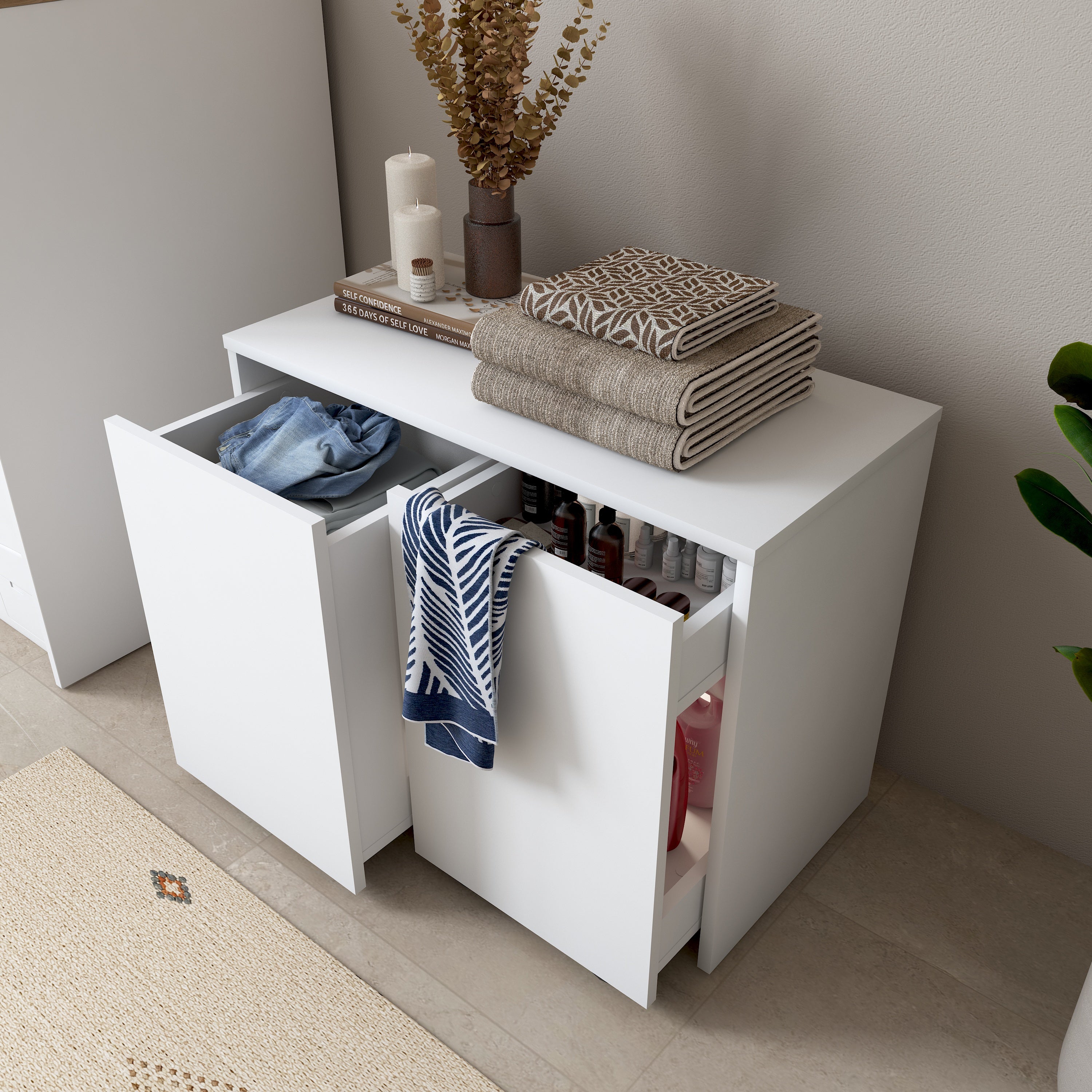 Rani KC117 Tekerlekli Kirli Çamaşır Dolabı 2 Bölmeli Banyo Dolabı Beyaz