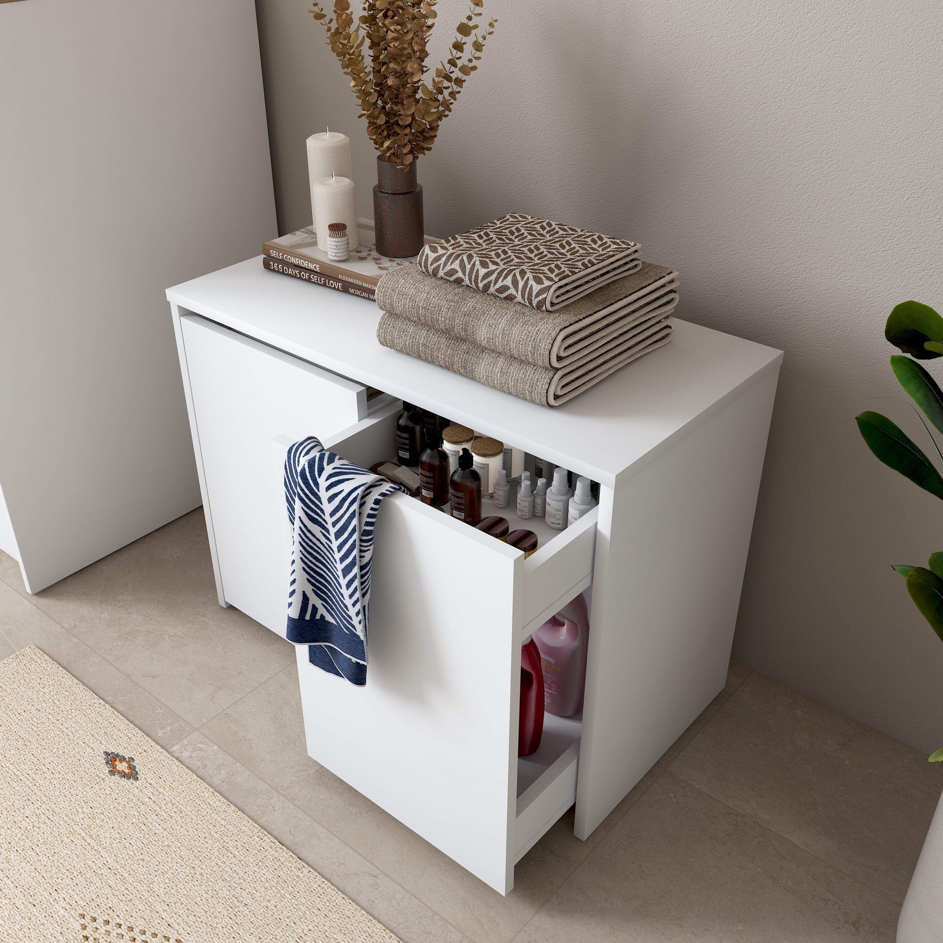 Rani KC117 Tekerlekli Kirli Çamaşır Dolabı 2 Bölmeli Banyo Dolabı Beyaz