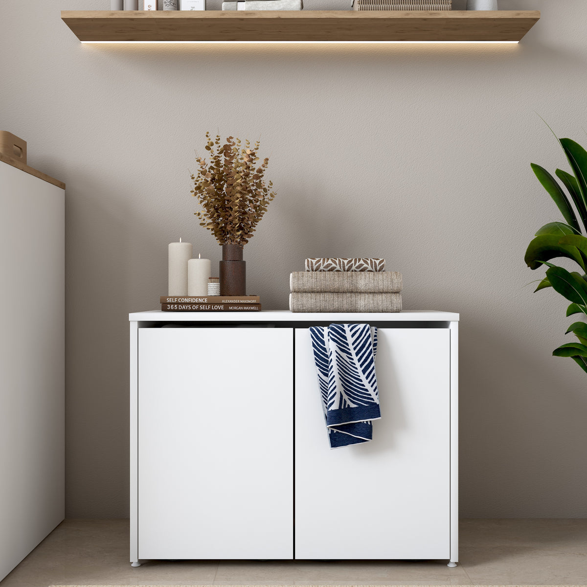 Rani KC117 Tekerlekli Kirli Çamaşır Dolabı 2 Bölmeli Banyo Dolabı Beyaz
