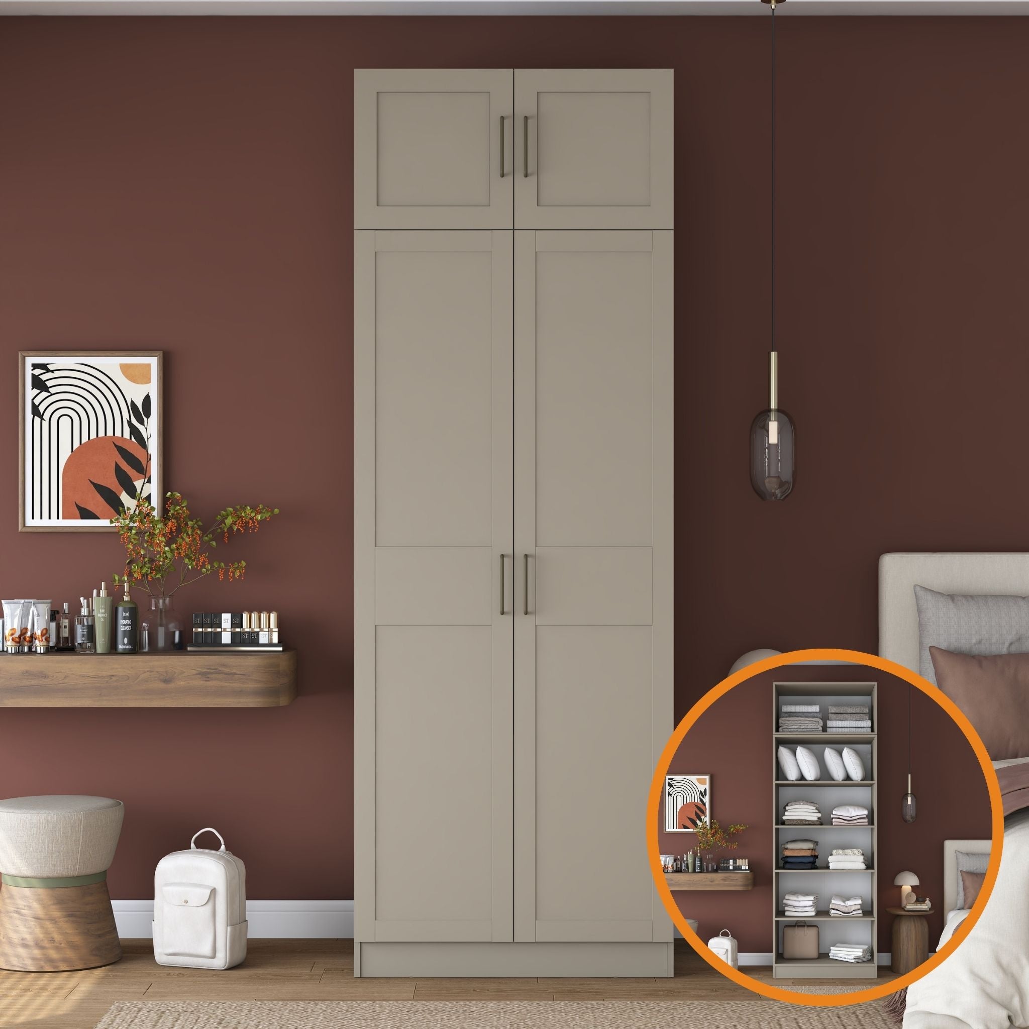 Rani BA331 Membran Kapaklı Gardırop 2 Kapaklı 5 Raflı Elbise Dolabı Kumtaşı