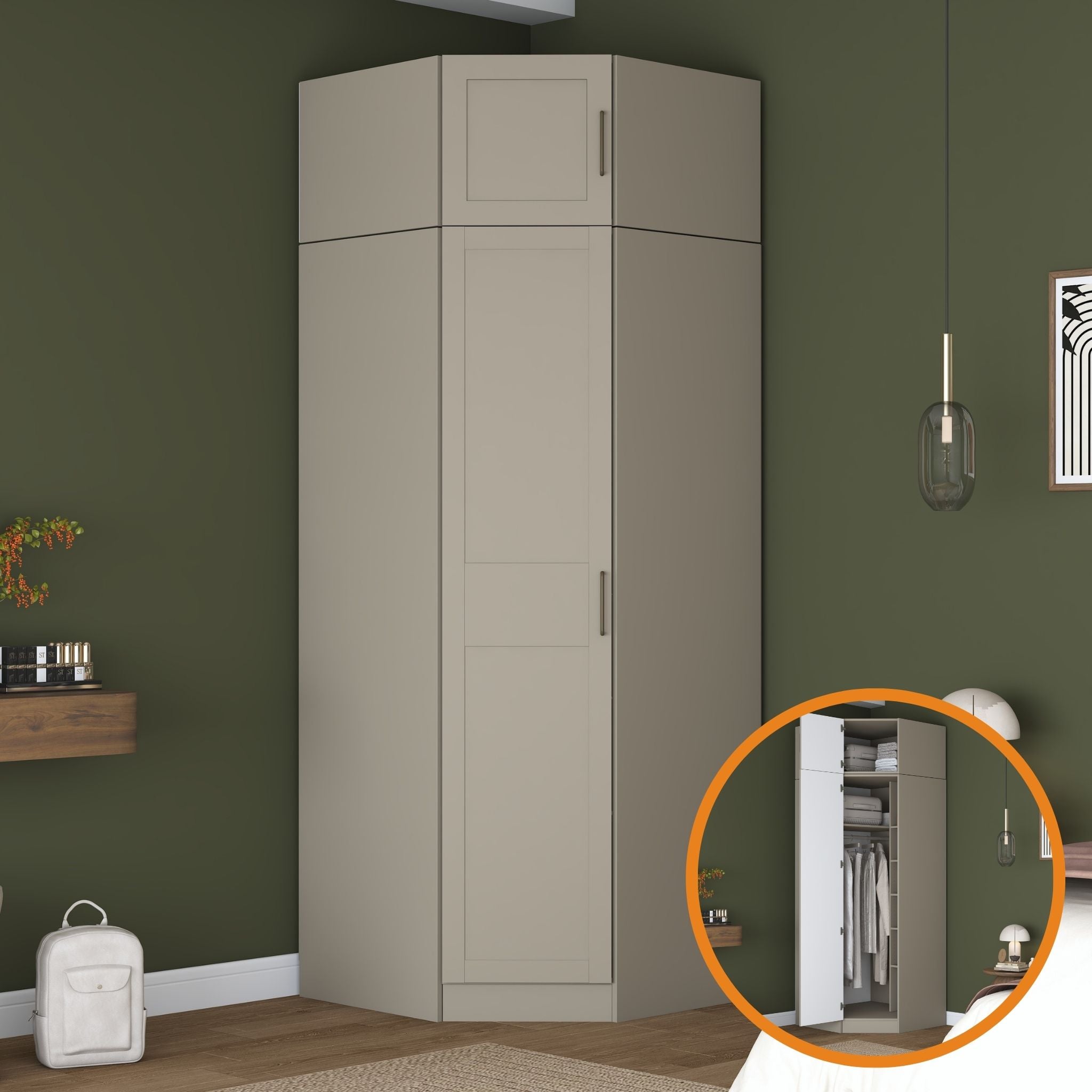 Rani BA323 Membran Kapaklı Köşe Modül Gardırop Tek Kapaklı 7 Raflı Askılı Elbise Dolabı Kumtaşı