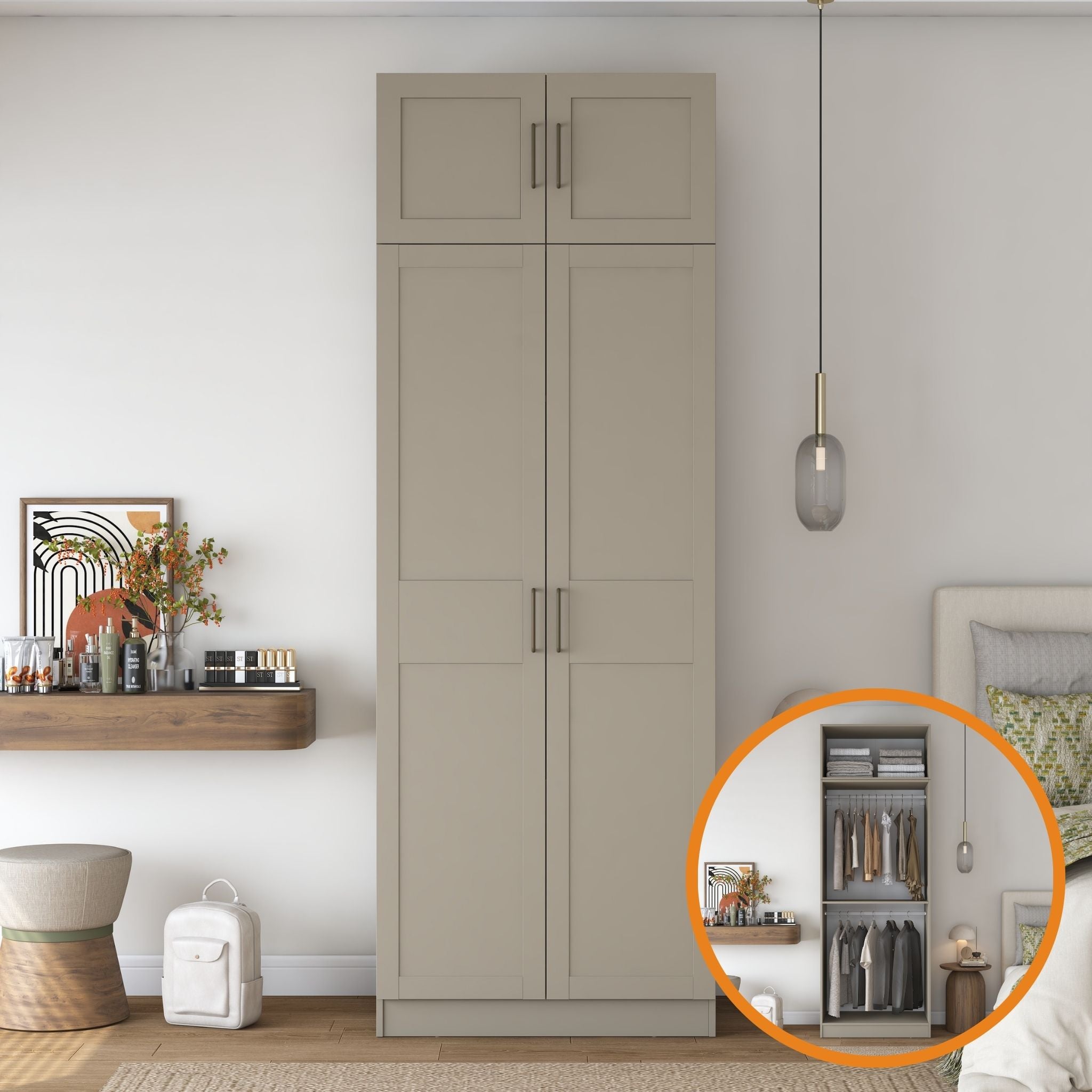Rani BA330 Membran Kapaklı Gardırop 2 Kapaklı Raflı 2 Askılı Elbise Dolabı Kumtaşı