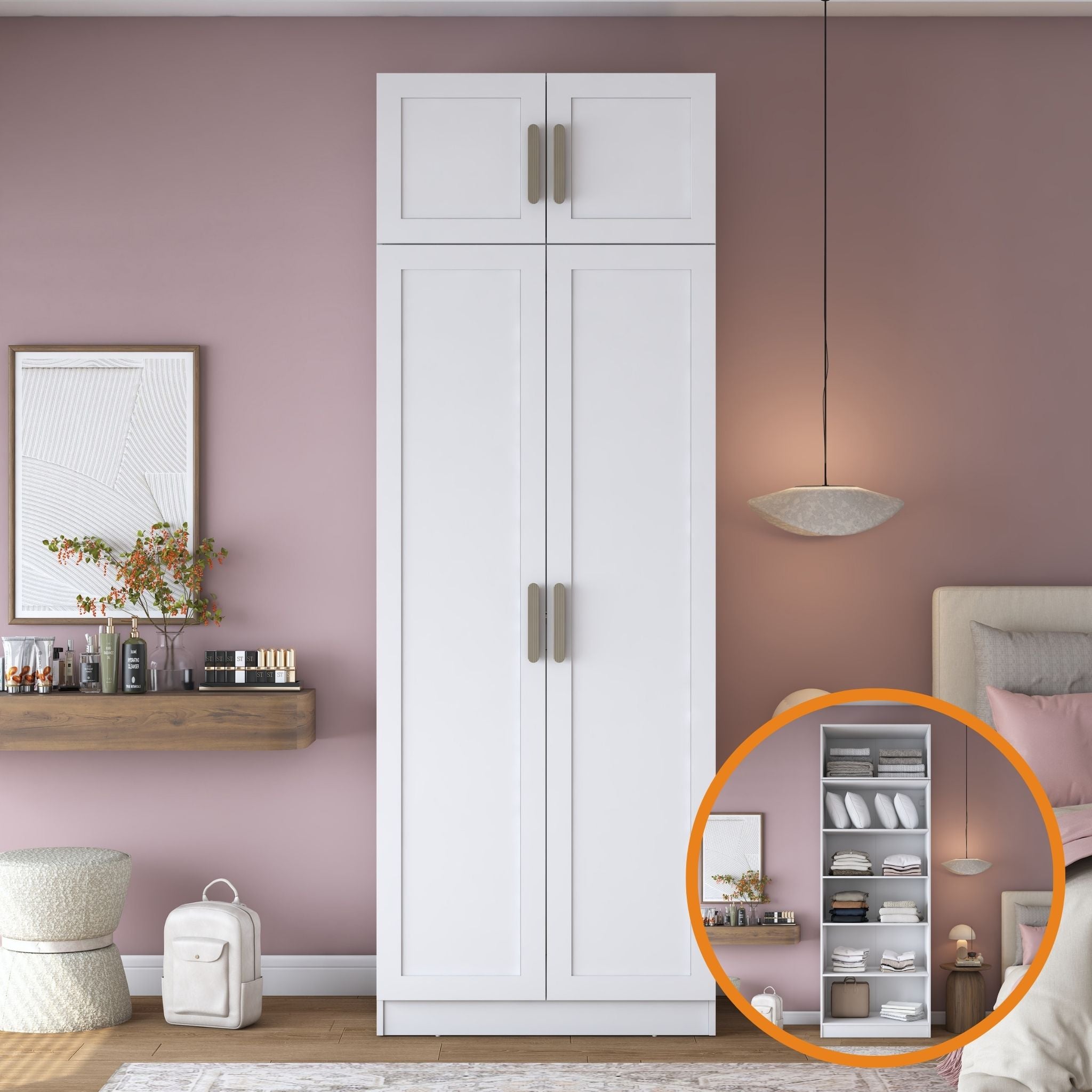 Rani BA347 Membran Kapaklı Gardırop 2 Kapaklı 5 Raflı Elbise Dolabı Beyaz