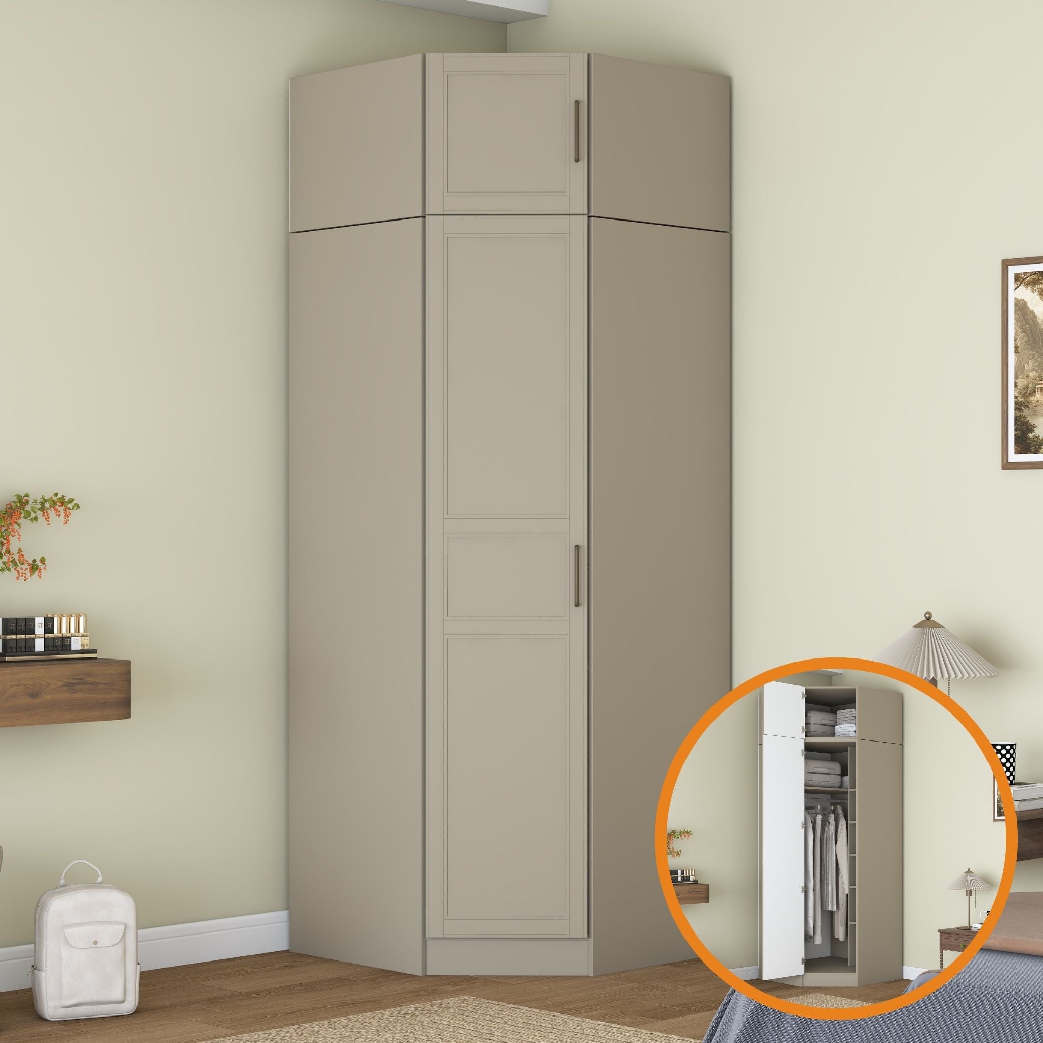 Rani BA355 Membran Kapaklı Köşe Modül Gardırop Tek Kapaklı 7 Raflı Askılı Elbise Dolabı Kumtaşı